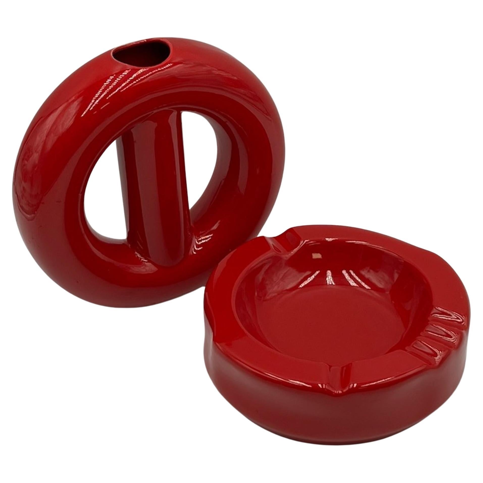 Vintage Ceramic Duo in Flame Red by Pareschi Laveno Italy, 1960s, Set of 2 For Sale