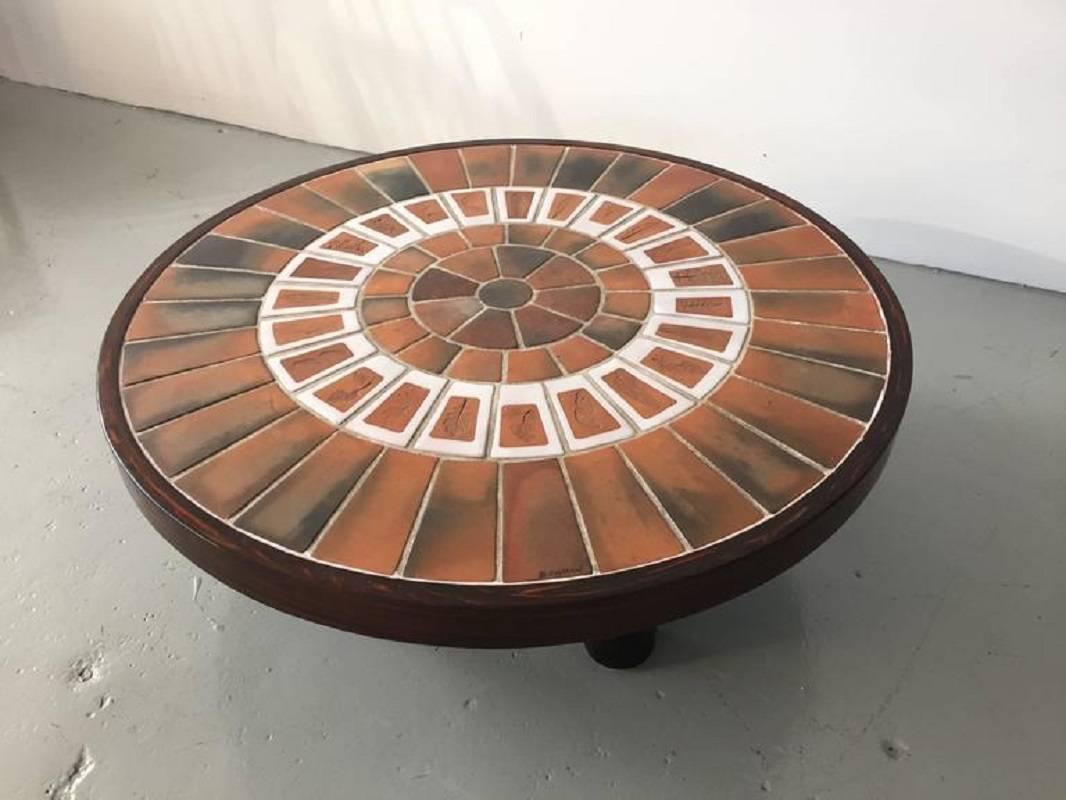 Mid-Century Modern Roger Capron - Round Ceramic end Table from the Herbier's Series on Wood Legs  For Sale