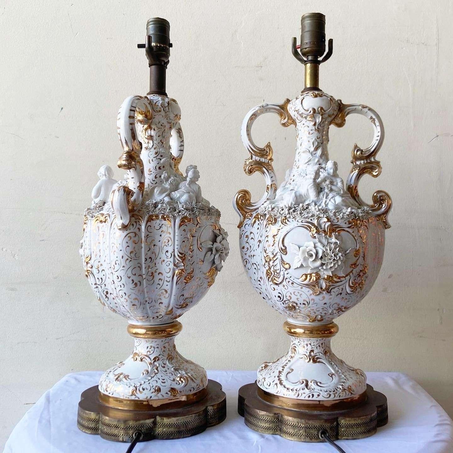 Late 20th Century Vintage Ceramic White and Gold Cherub Trophy Table Lamps - a Pair For Sale