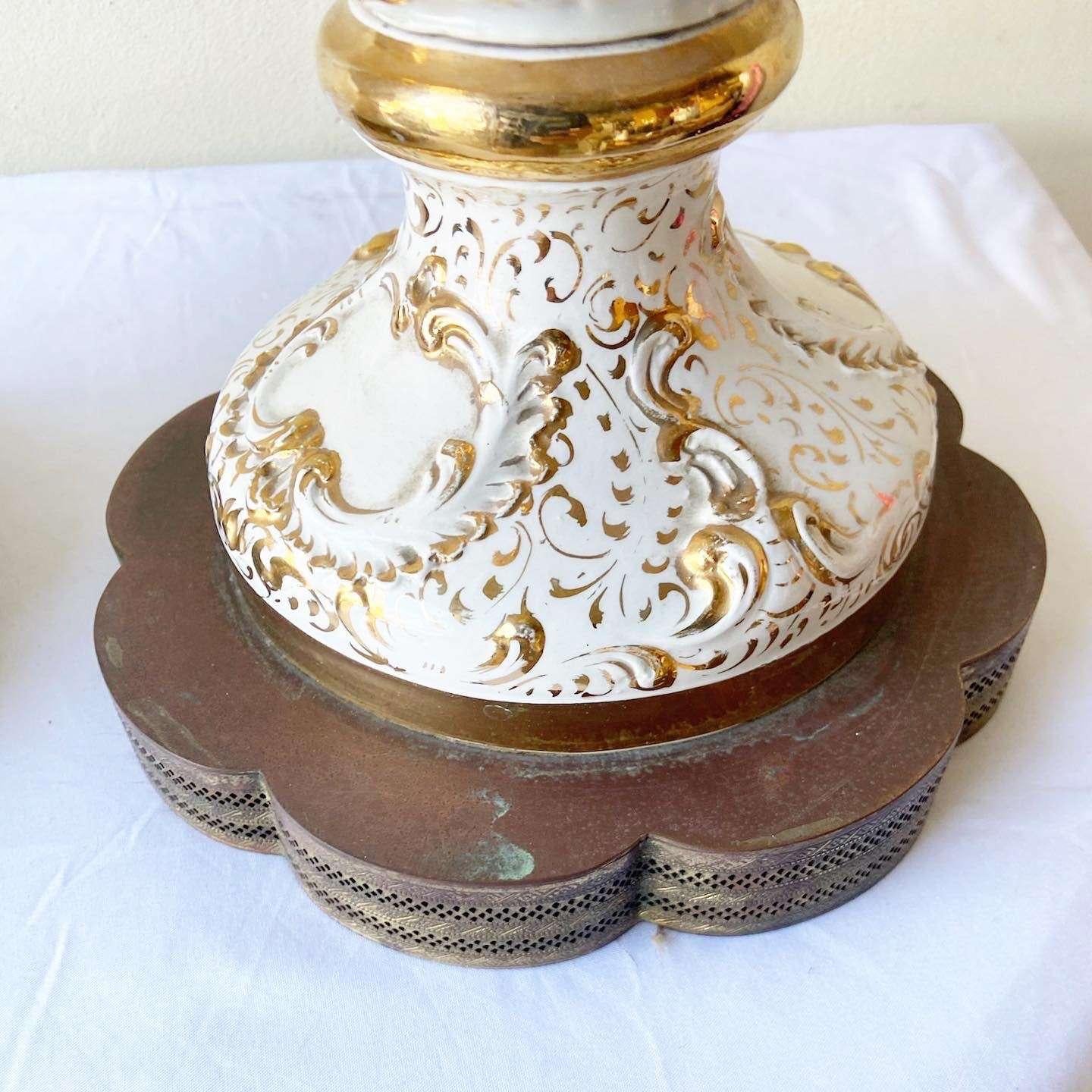 Vintage Ceramic White and Gold Cherub Trophy Table Lamps - a Pair For Sale 1