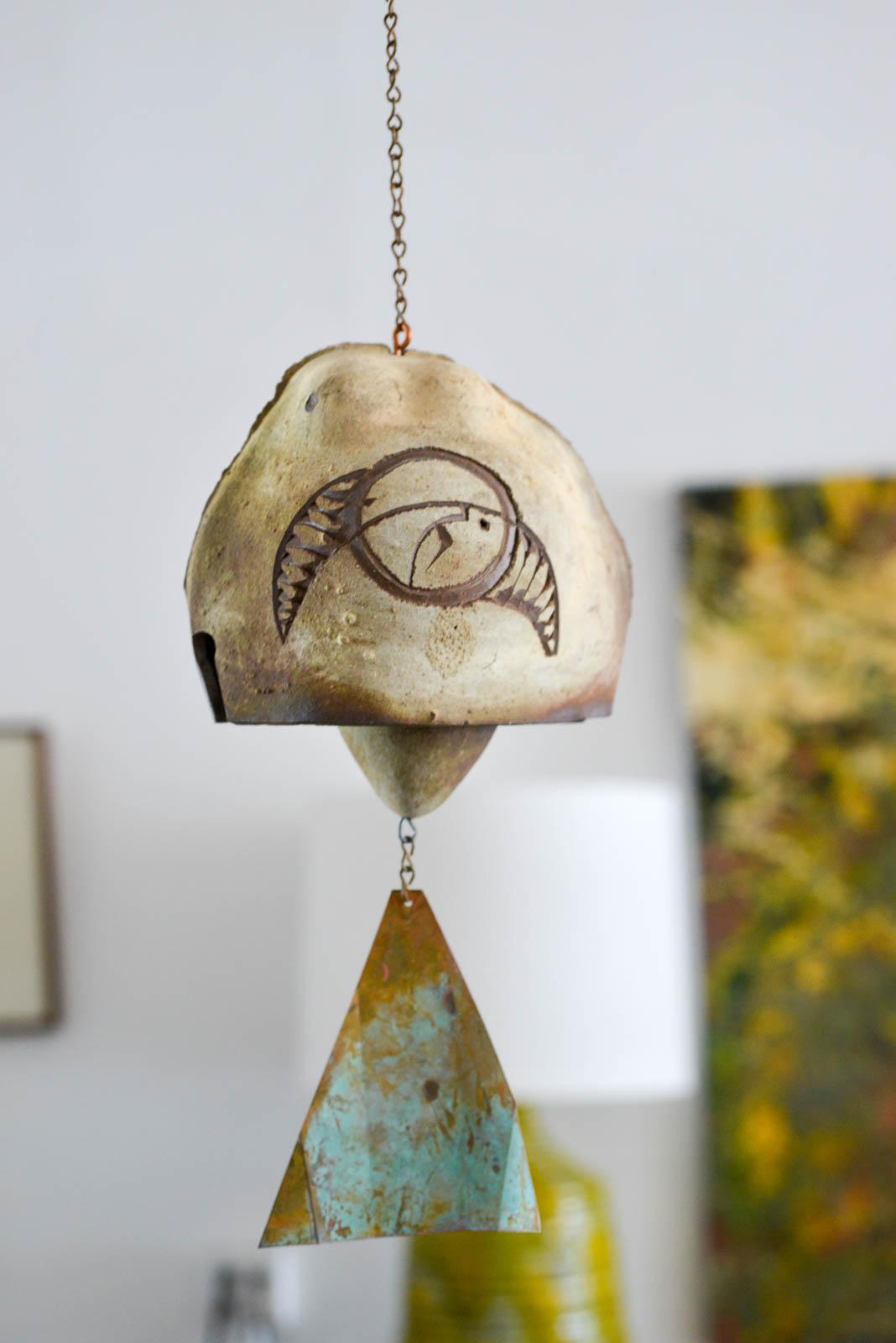 Vintage ceramic windbell by Paolo Soleri, ca. 1980. Beautiful original ceramic bell with original kite. Also comes with original box and paperwork. Measures 8