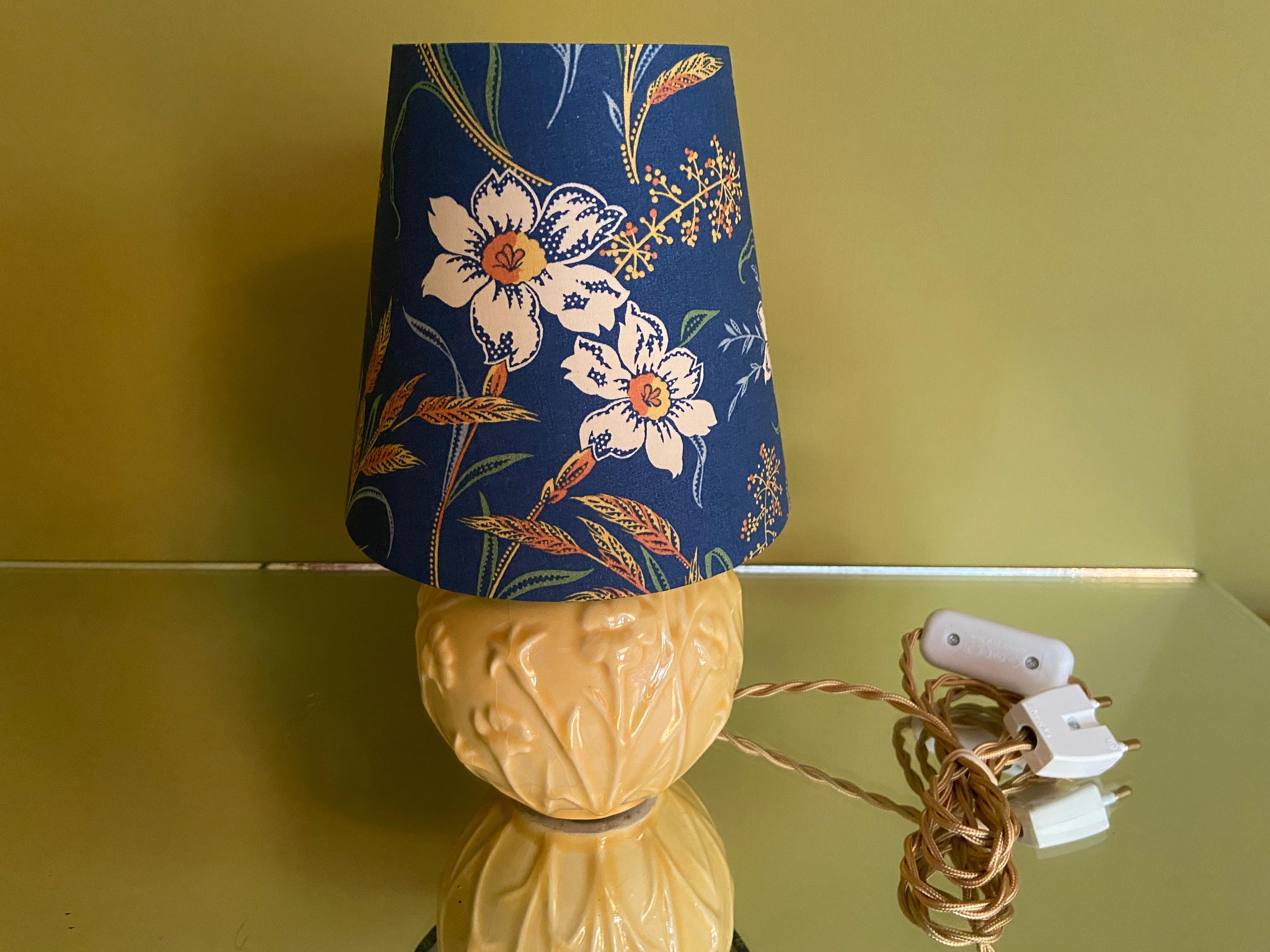 French Vintage Ceramic Yellow Table Lamp with Customized Shade, France, 1980's