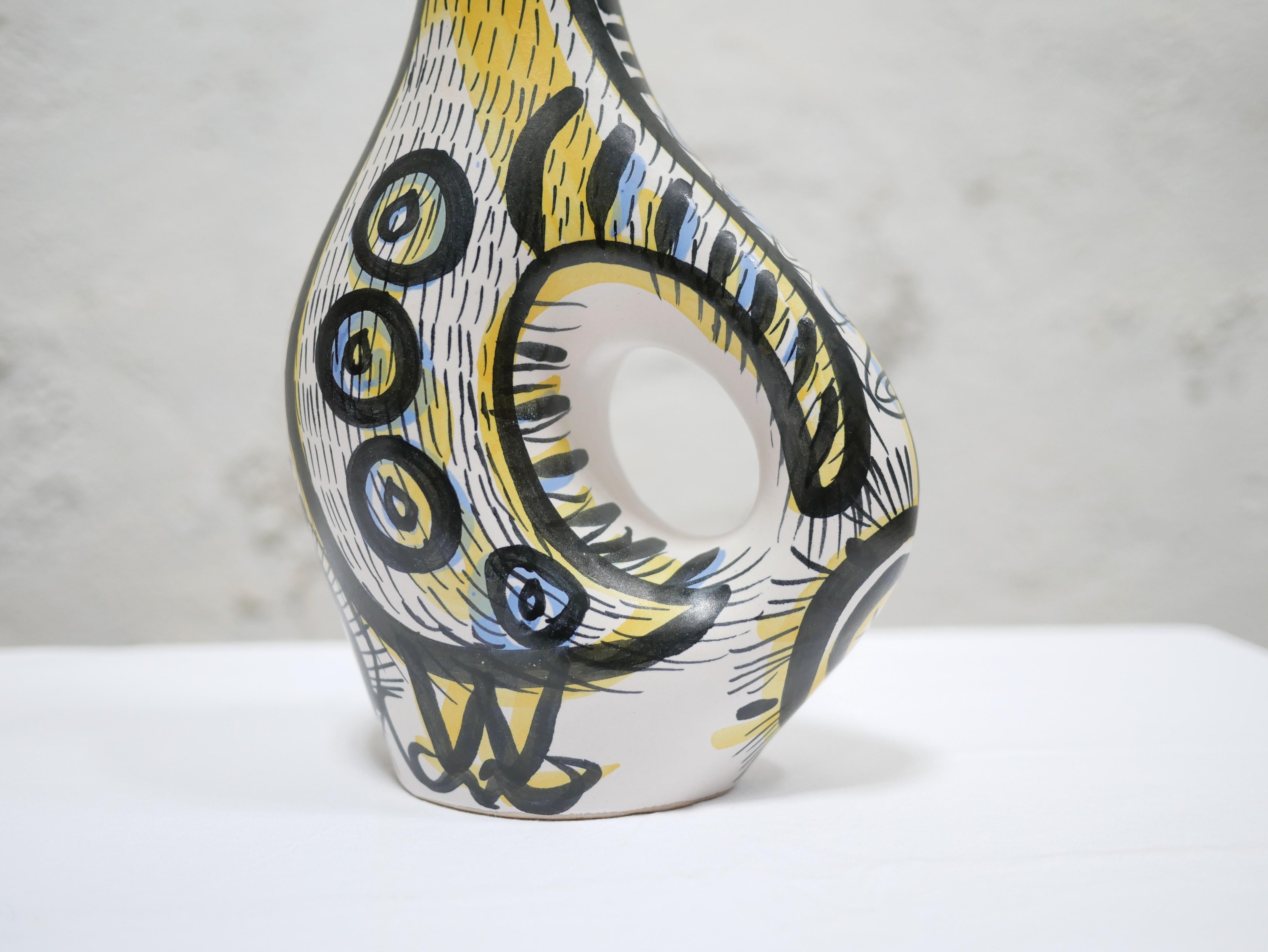French Vintage ceramic zoomorphic pitcher by P.Toulhoat for the Keraluc Quimper, France For Sale