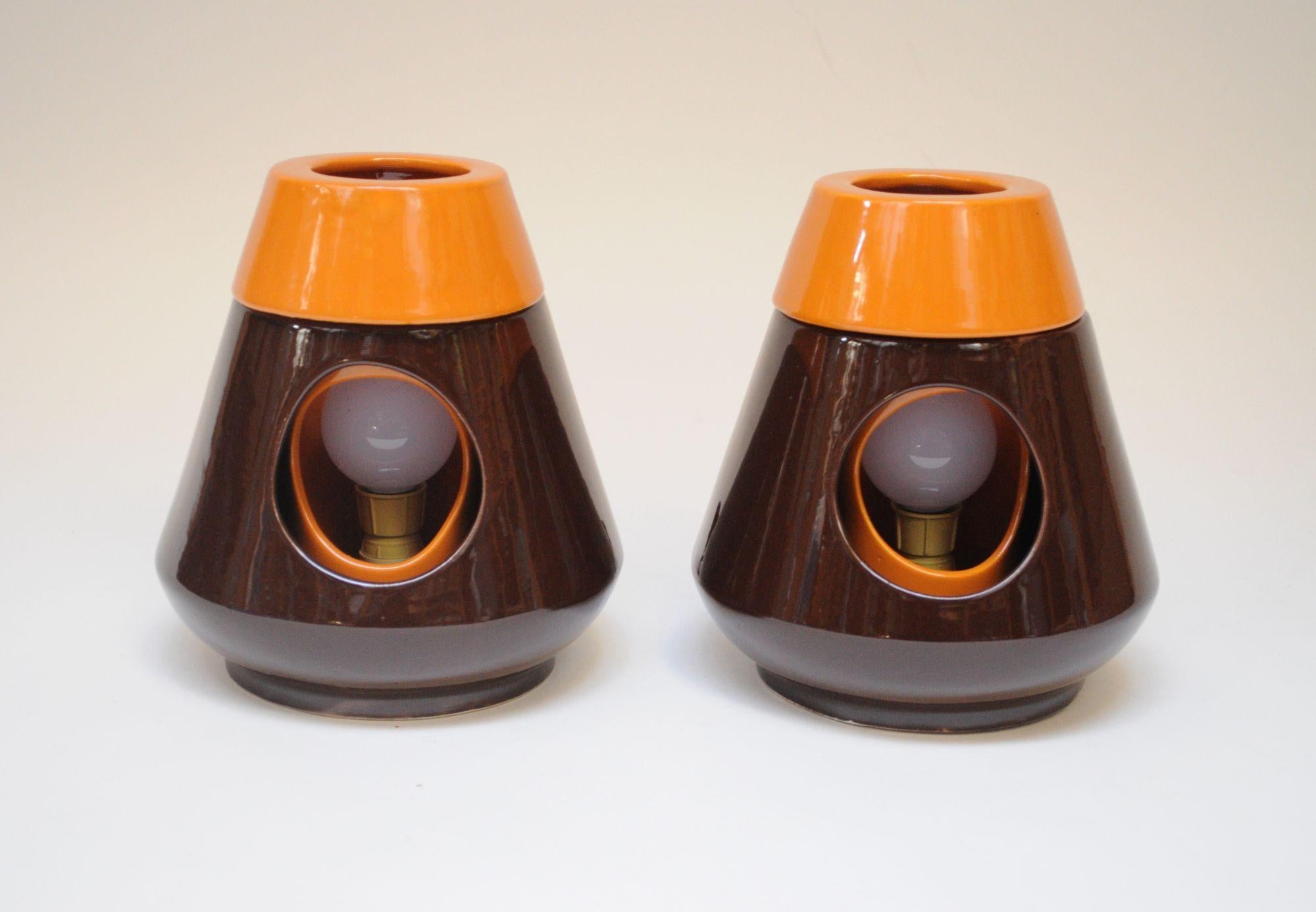Vintage Italian Modern Ceramiche Capodarco Orange and Brown Bedside/Table Lamps For Sale 8
