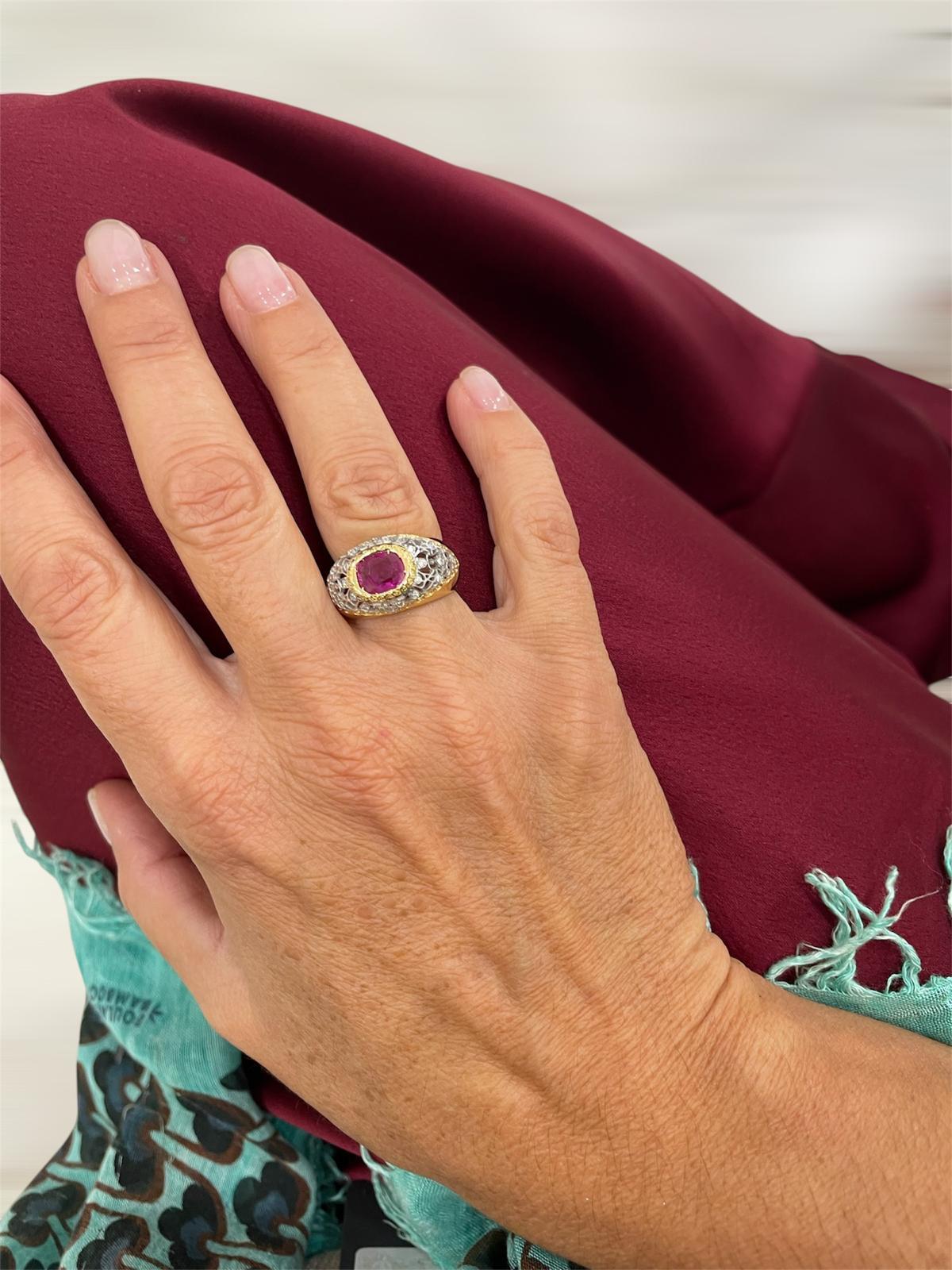 Vintage Certified Burma Ruby No Heat Diamond Filigree Gold Ring For Sale 4