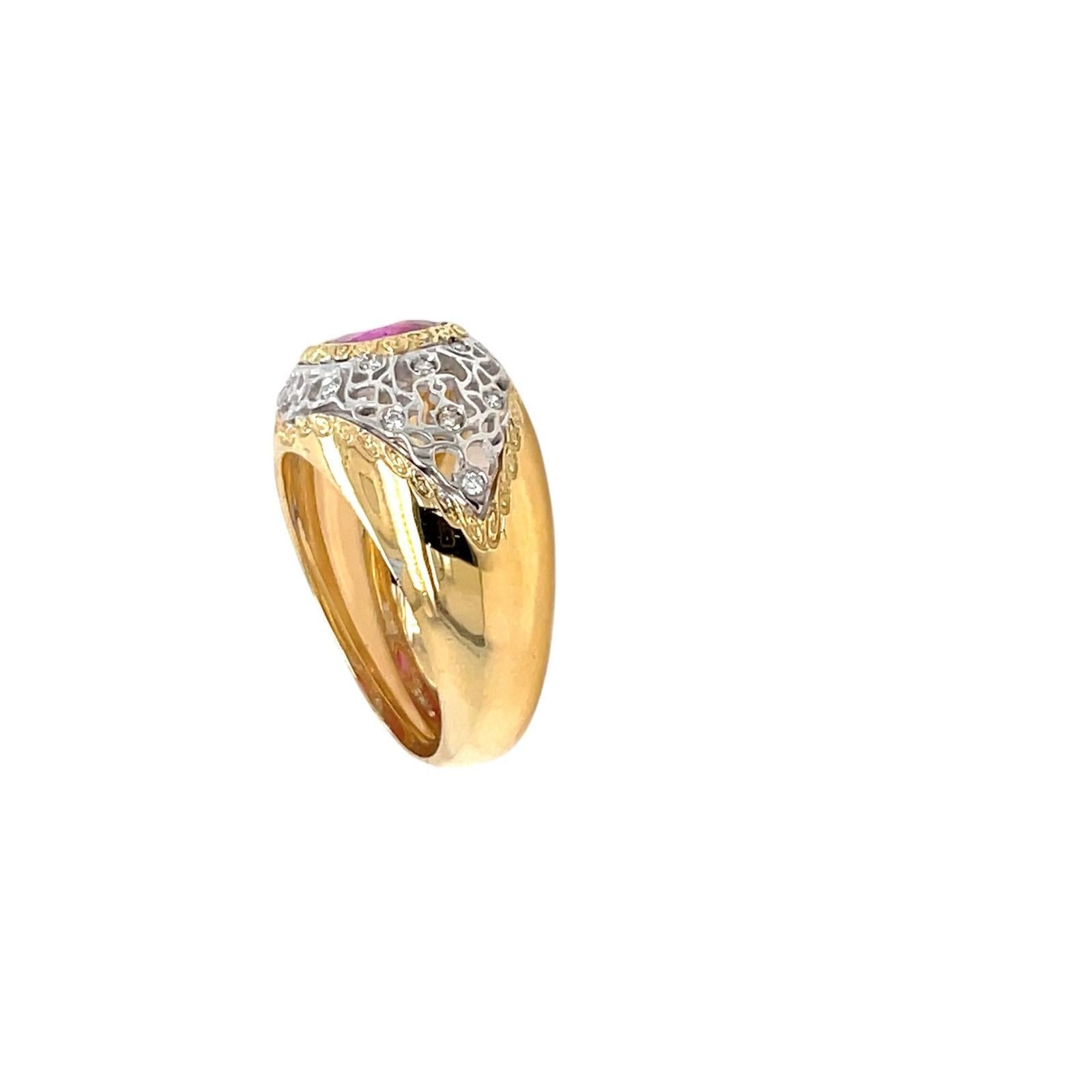 Beautiful Florentine Engraved ring, handcrafted in 18k yellow and white Gold, featuring in the center a natural Burma No Heat Ruby 1.06 carat, and surrounded by colorless round brilliant cut diamonds, 0,25 carats total. The engraved band make this