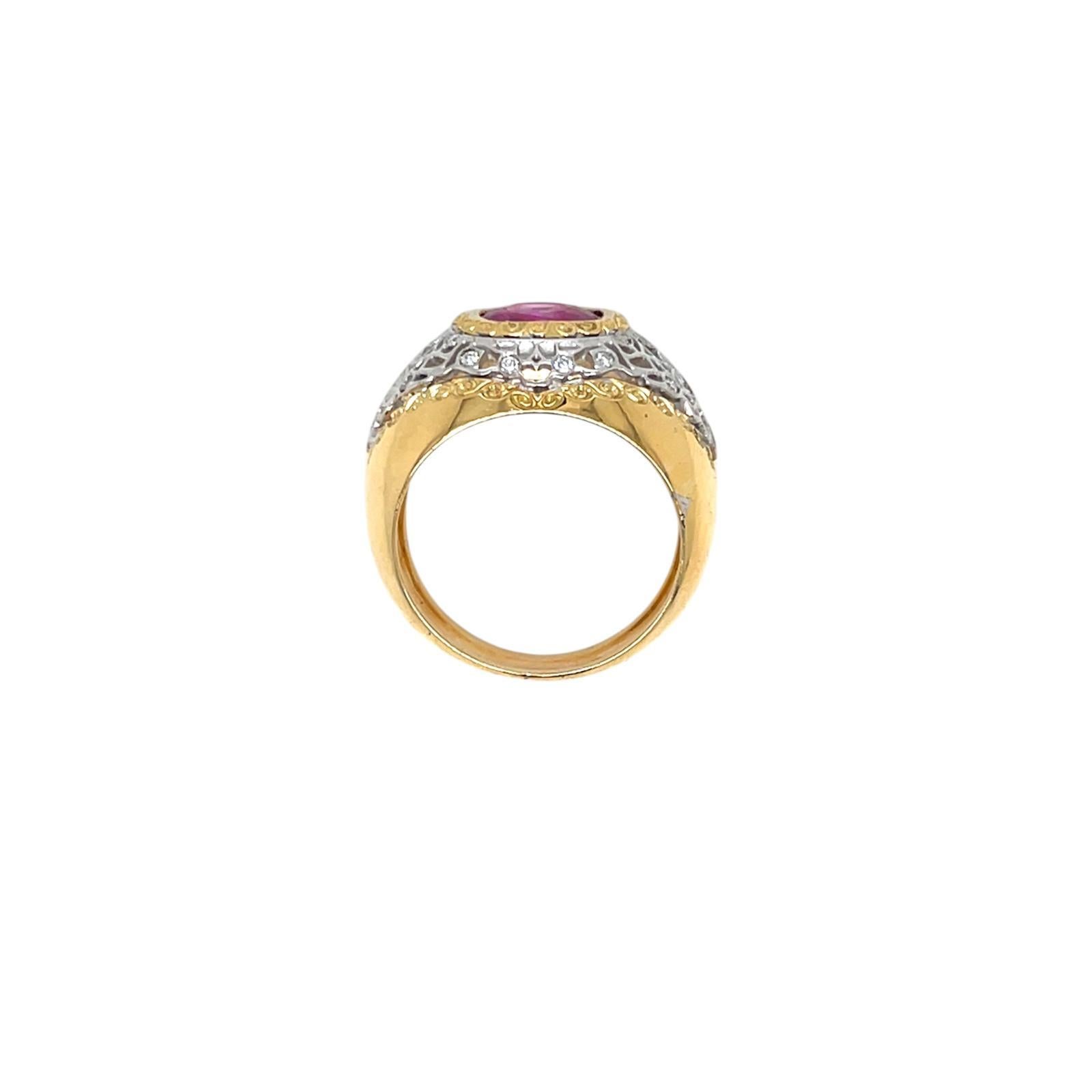 Vintage Certified Burma Ruby No Heat Diamond Filigree Gold Ring For Sale 1