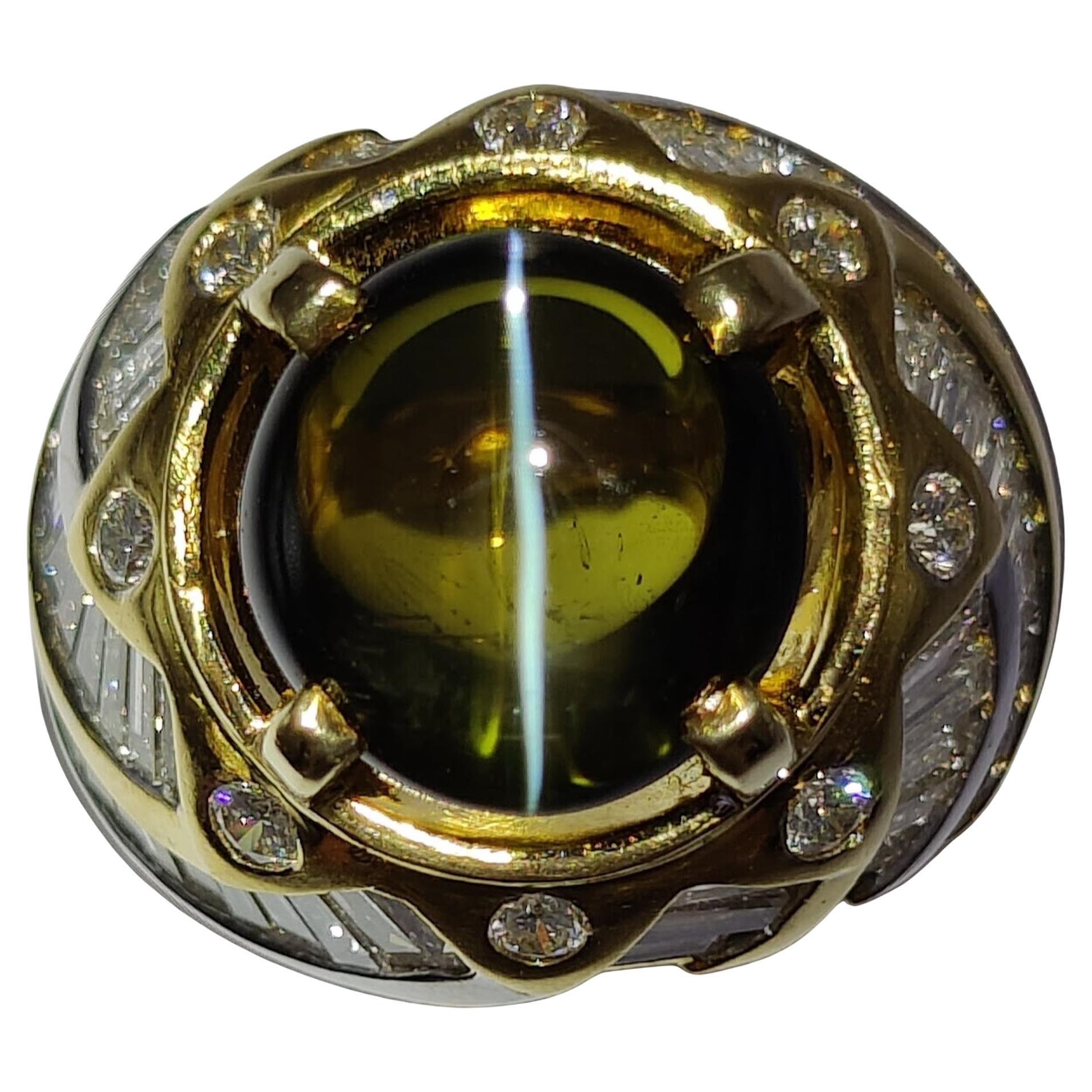 Vintage Certified 12.01ct Color Change Green-Brown Cat's Eye Diamond Men's Ring