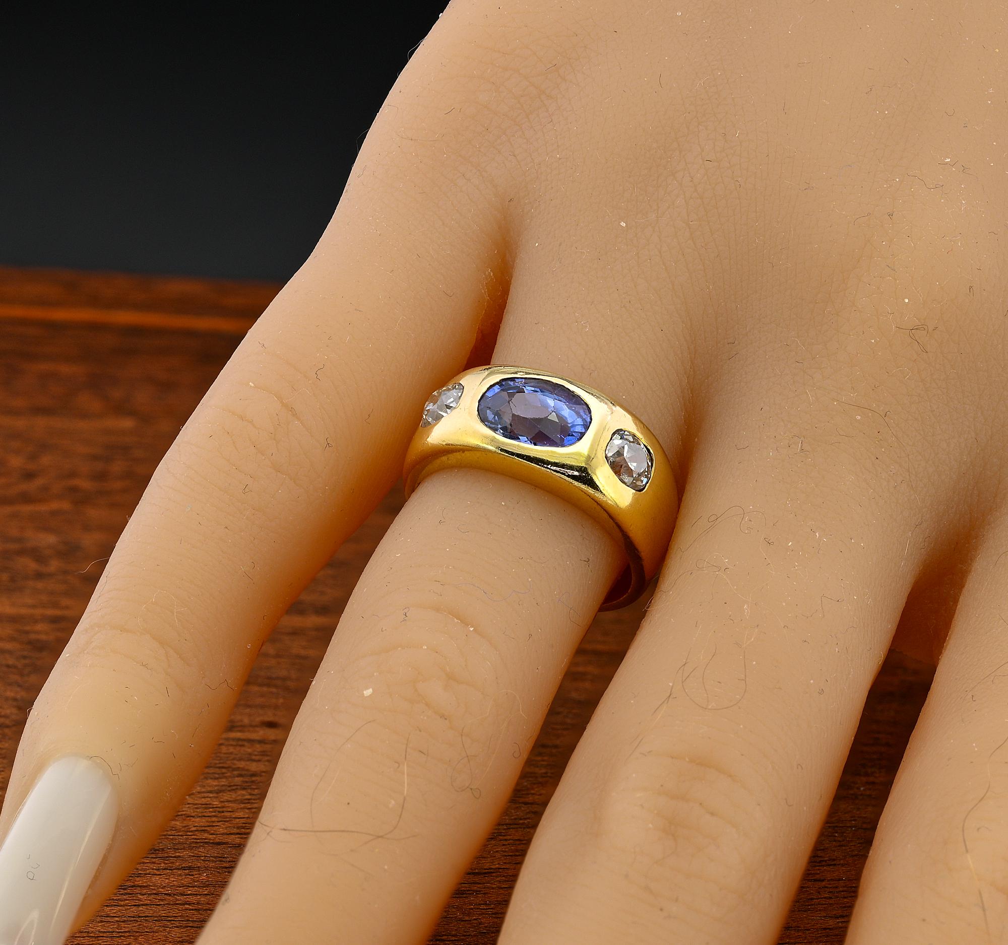 Vintage Certified 2.10 Ct Ceylon NO Heat .70 Ct Diamond Gent Ring For Sale 4