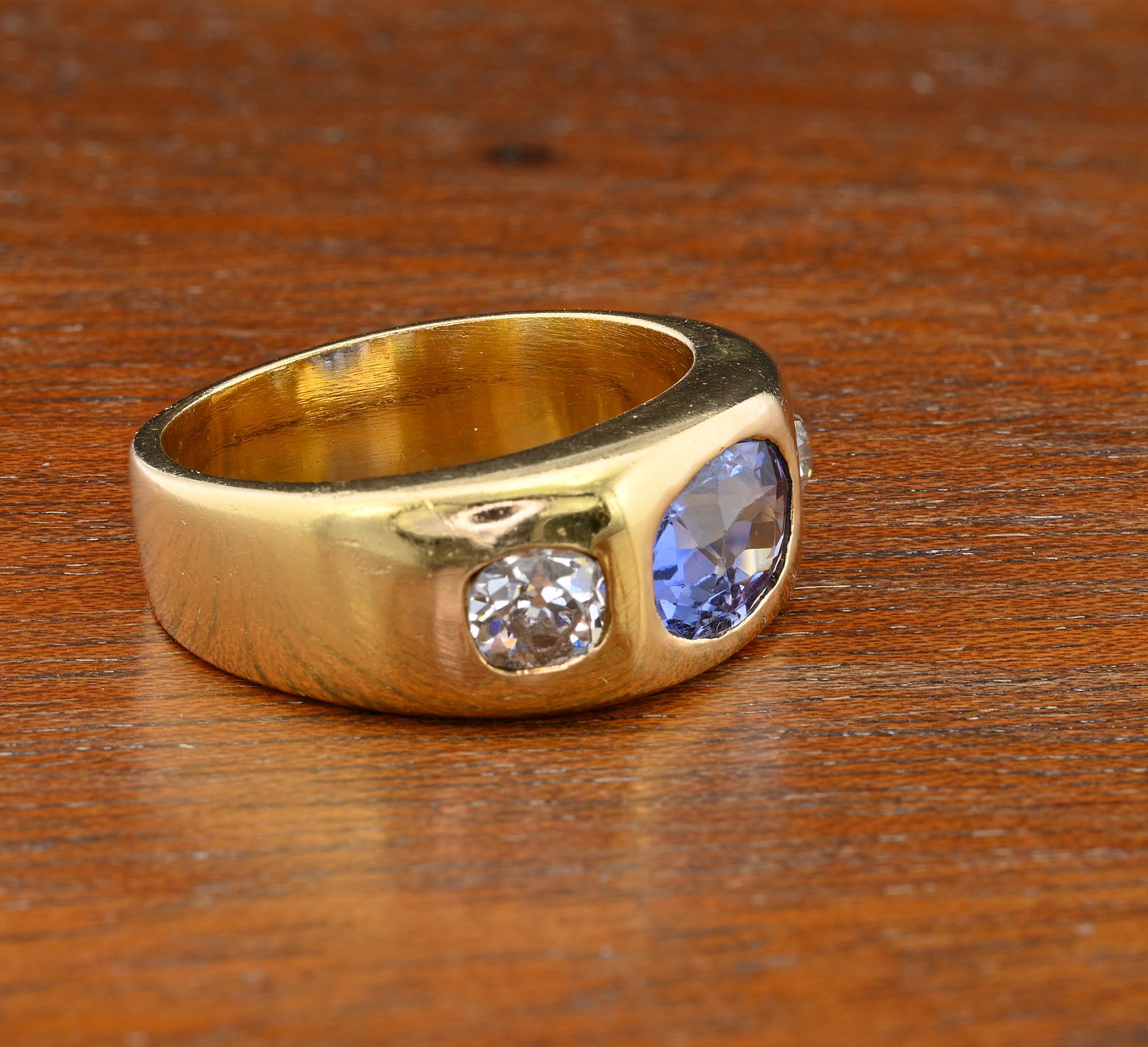 Art Deco Vintage Certified 2.10 Ct Ceylon NO Heat .70 Ct Diamond Gent Ring For Sale