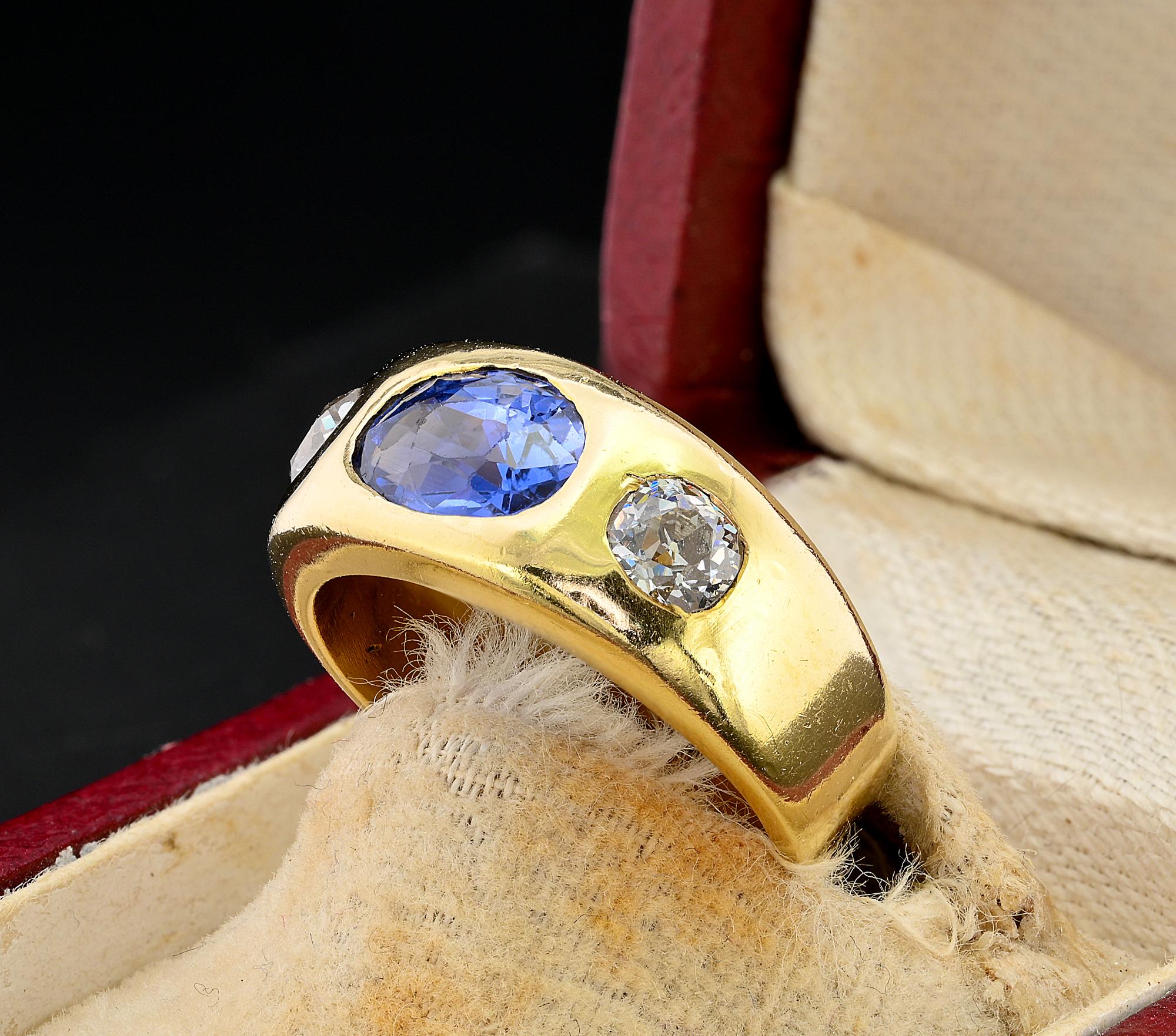 Women's or Men's Vintage Certified 2.10 Ct Ceylon NO Heat .70 Ct Diamond Gent Ring For Sale