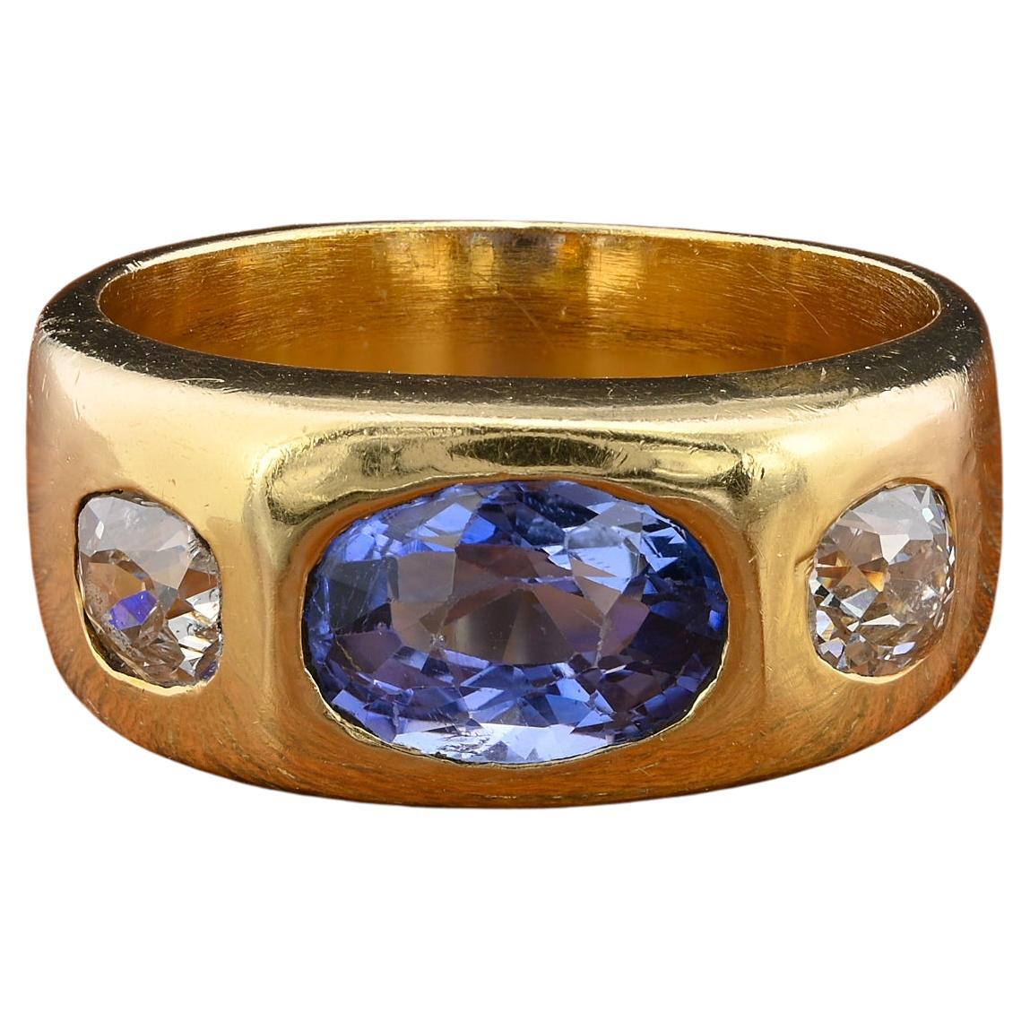 Vintage Certified 2.10 Ct Ceylon NO Heat .70 Ct Diamond Gent Ring For Sale