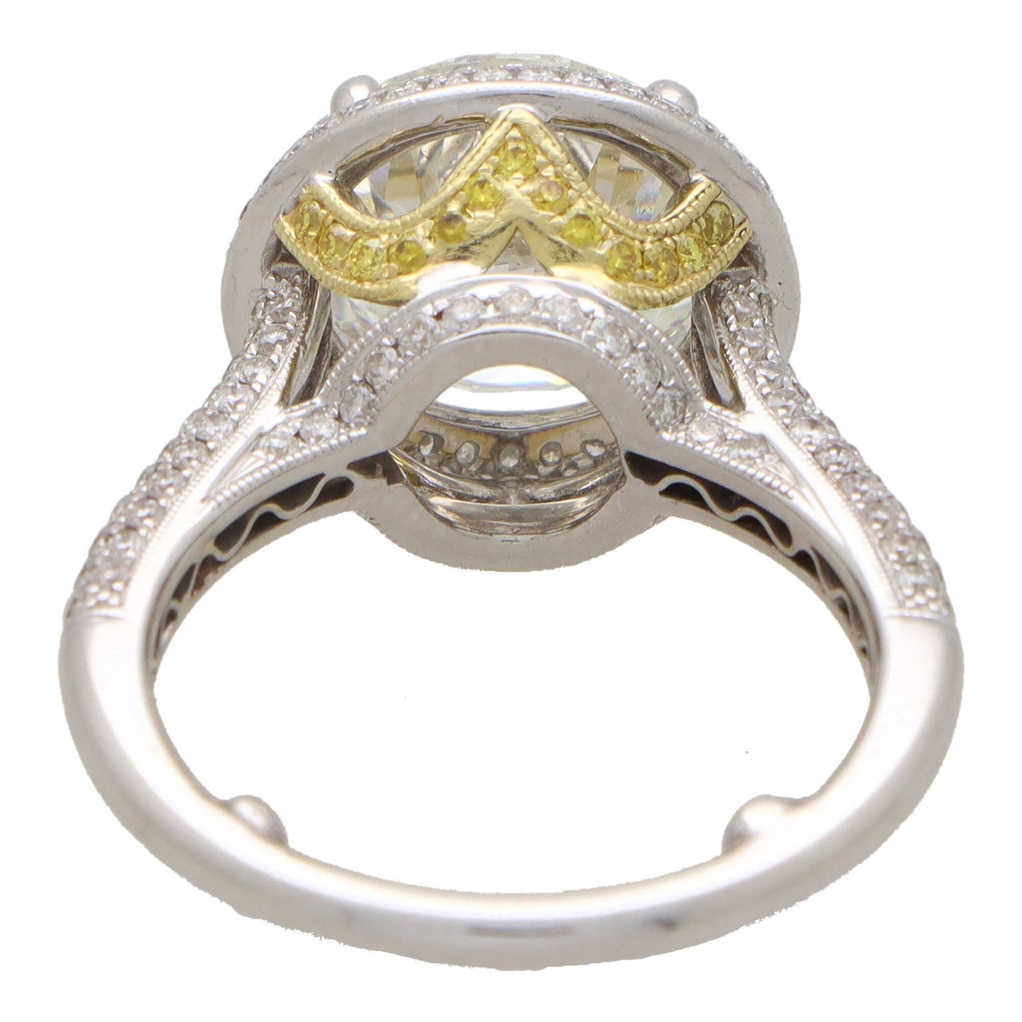 Brilliant Cut Vintage Certified 4.34ct Diamond Halo Ring in Platinum and Gold For Sale