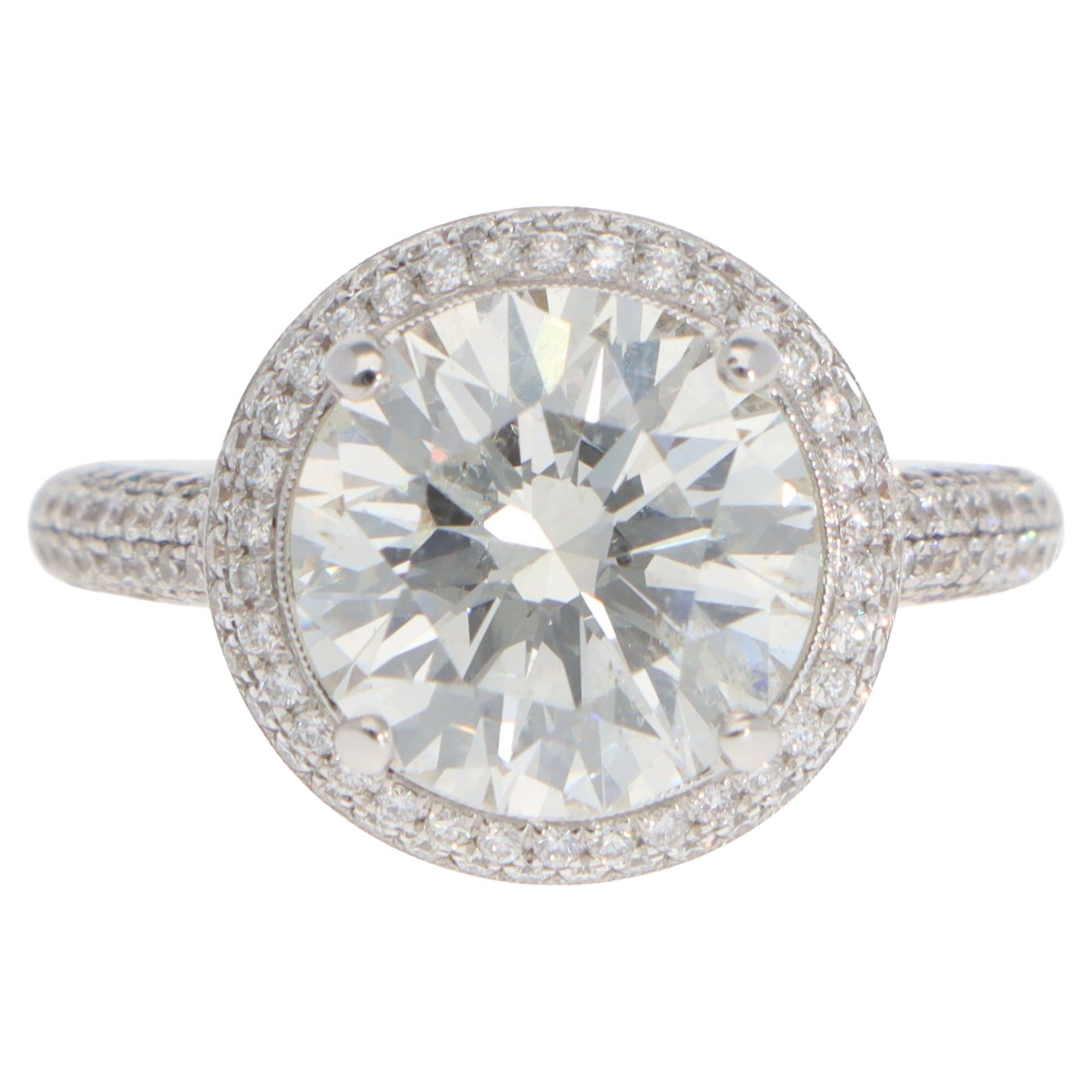 Vintage Certified 4.34ct Diamond Halo Ring in Platinum and Gold For Sale