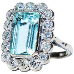 Vintage Certified 6.42 Carat Aquamarine and Diamond 18 Carat Gold Cluster Ring