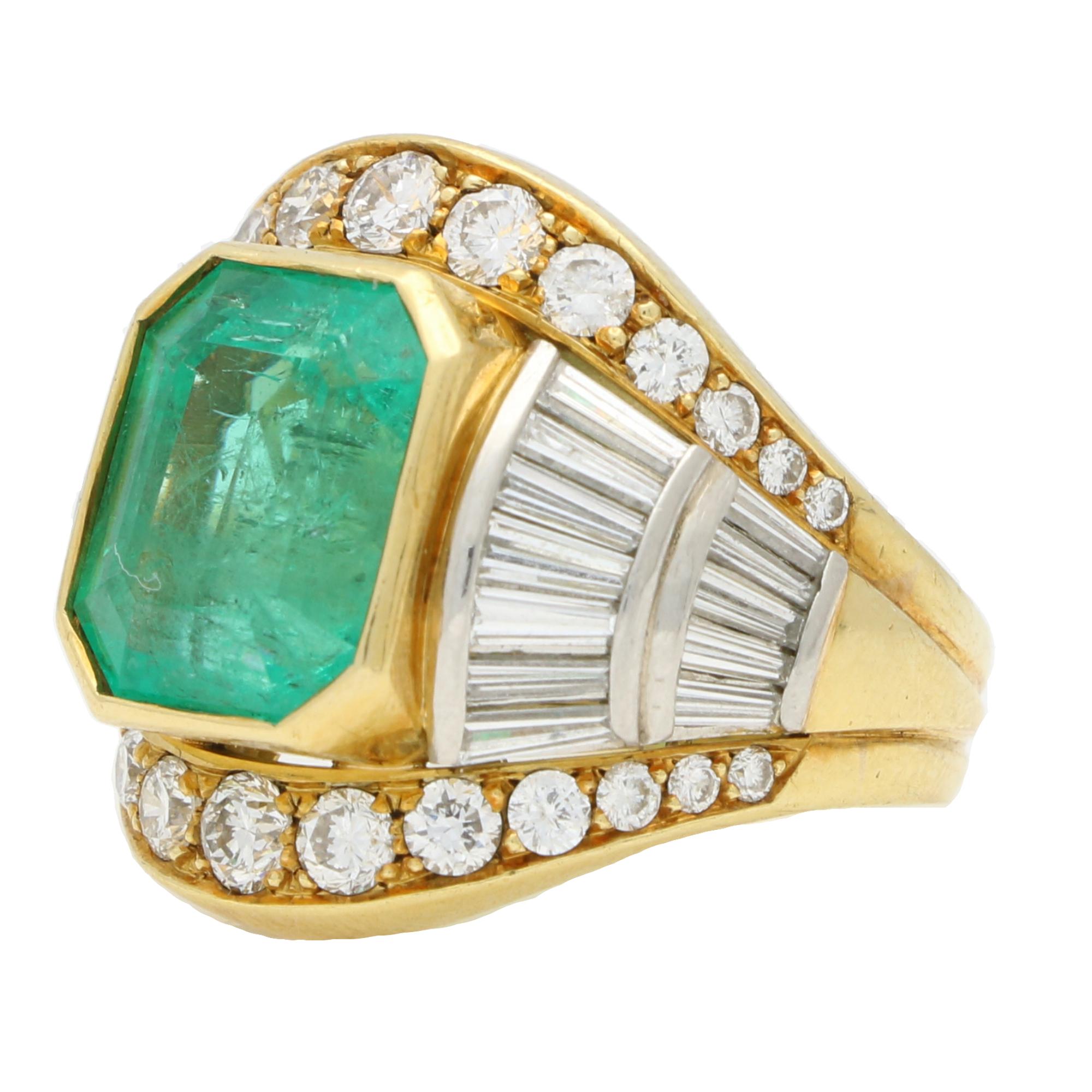 Retro Vintage Certified 7.20ct Colombian Emerald and Diamond Ring in 18k Yellow Gold For Sale
