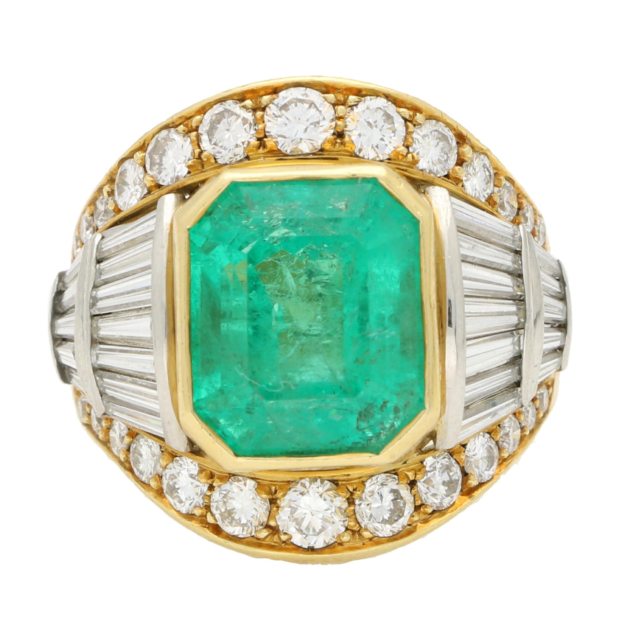 Vintage Certified 7.20ct Colombian Emerald and Diamond Ring in 18k Yellow Gold For Sale 2