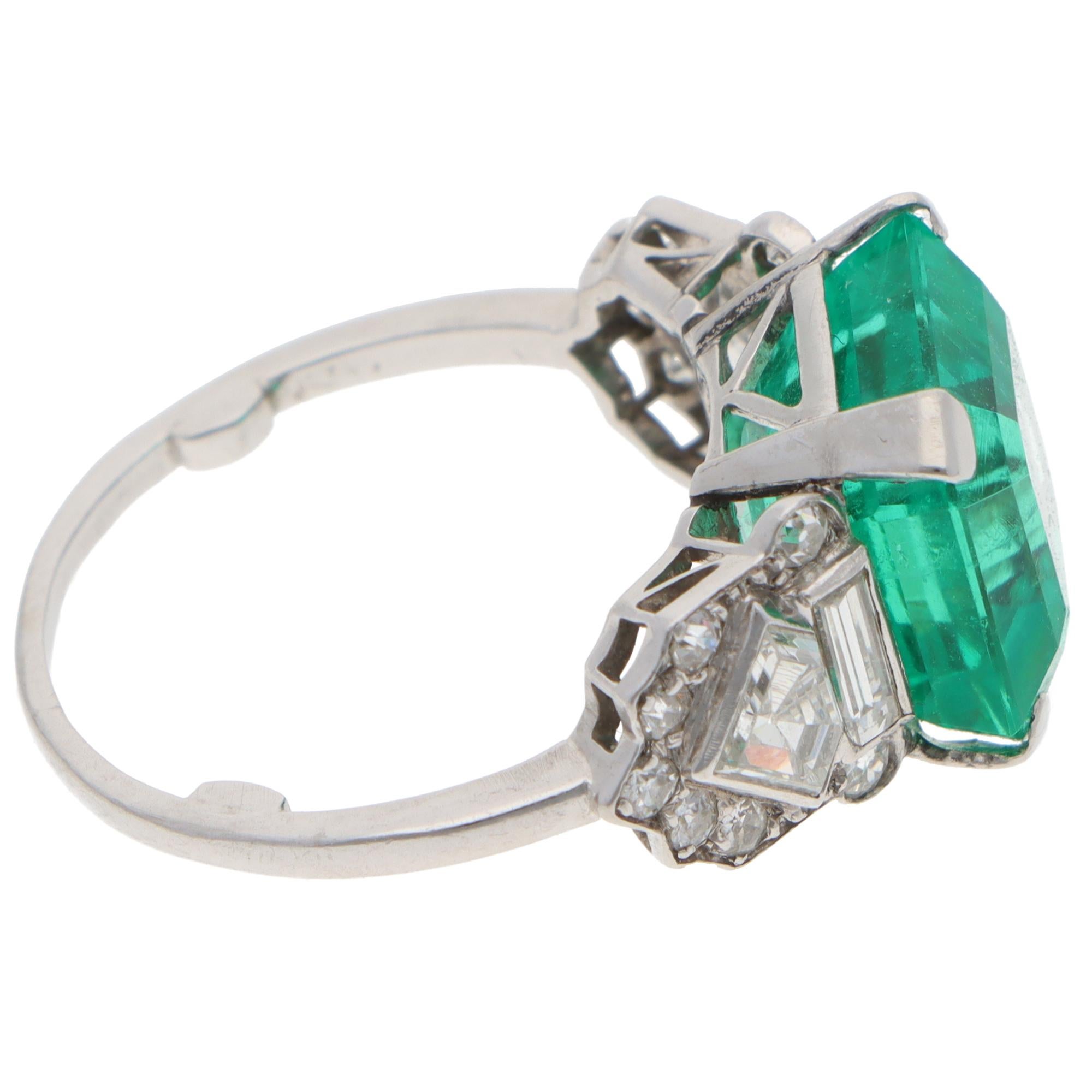 Emerald Cut Vintage Certified Colombian Emerald and Diamond Ring