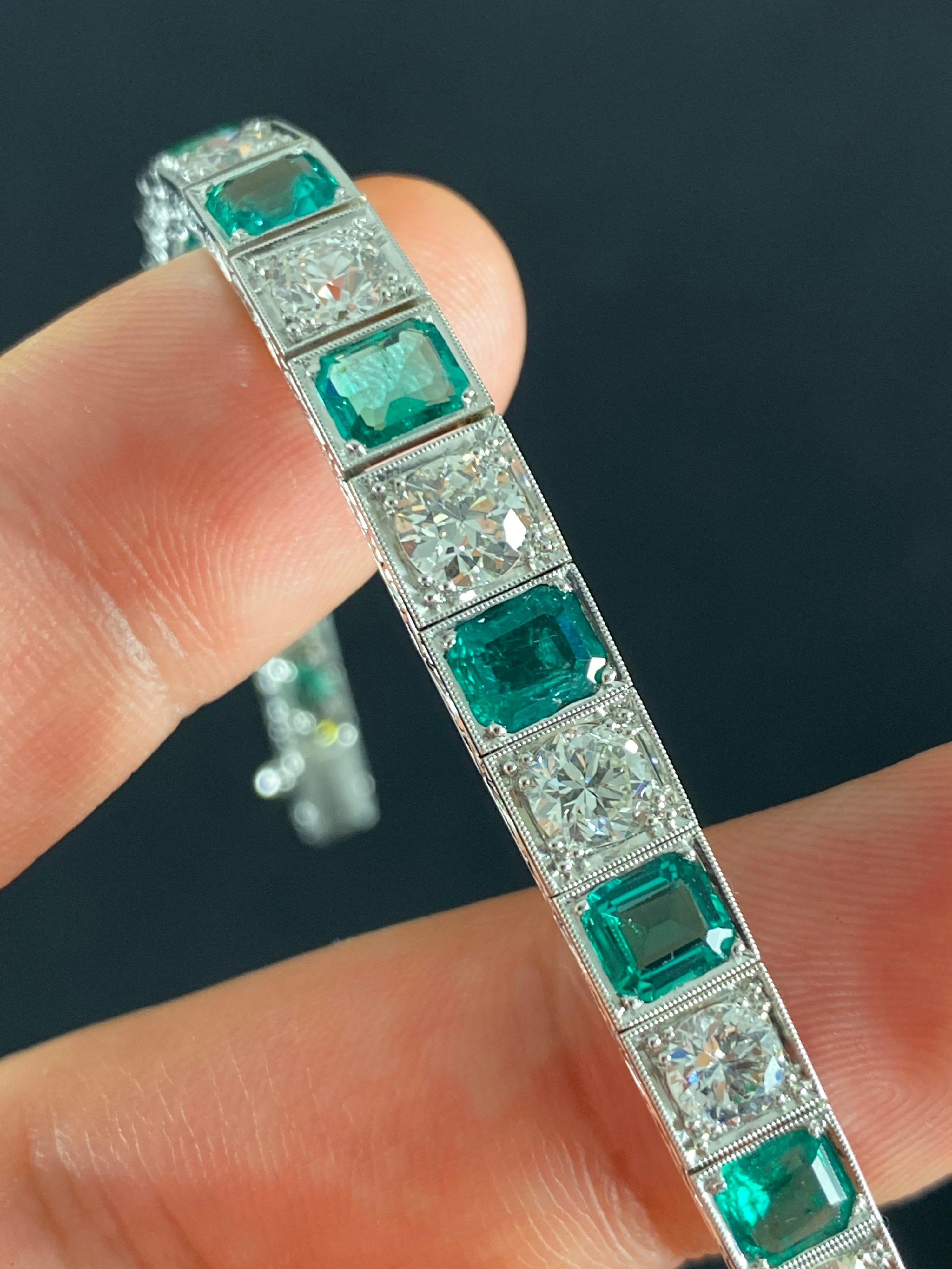 Vintage Certified Colombian Emerald Diamond Bracelet Platinum White Gold 1990s For Sale 9