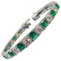 Vintage Certified Colombian Emerald Diamond Bracelet Platinum White Gold 1990s