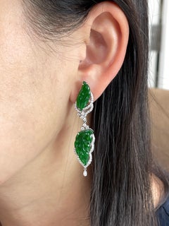 Vintage Certified Jadeite Jade and Diamond Drop Earrings, Intense Imperial Green