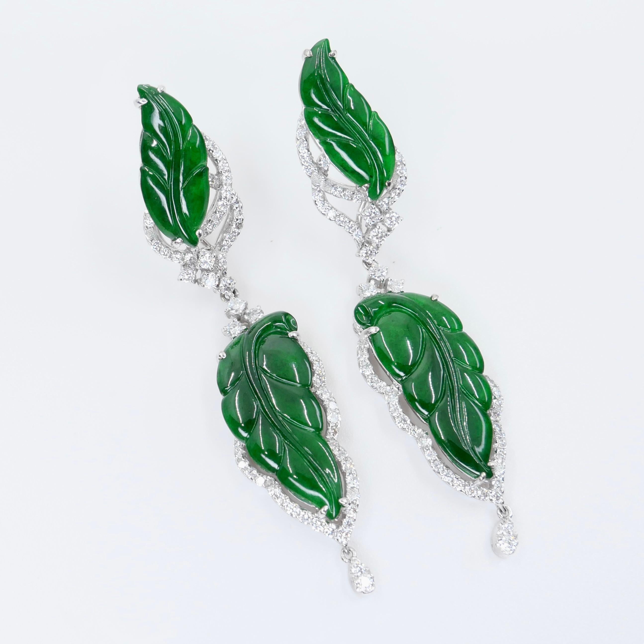 Women's Vintage Certified Jadeite Jade and Diamond Drop Earrings, Intense Imperial Green