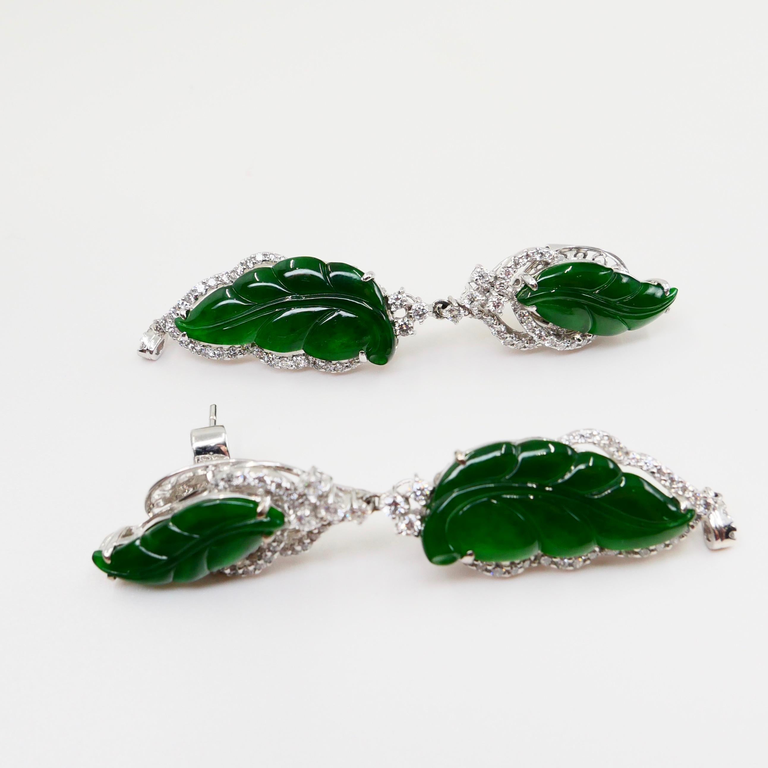 Vintage Certified Jadeite Jade and Diamond Drop Earrings, Intense Imperial Green 6
