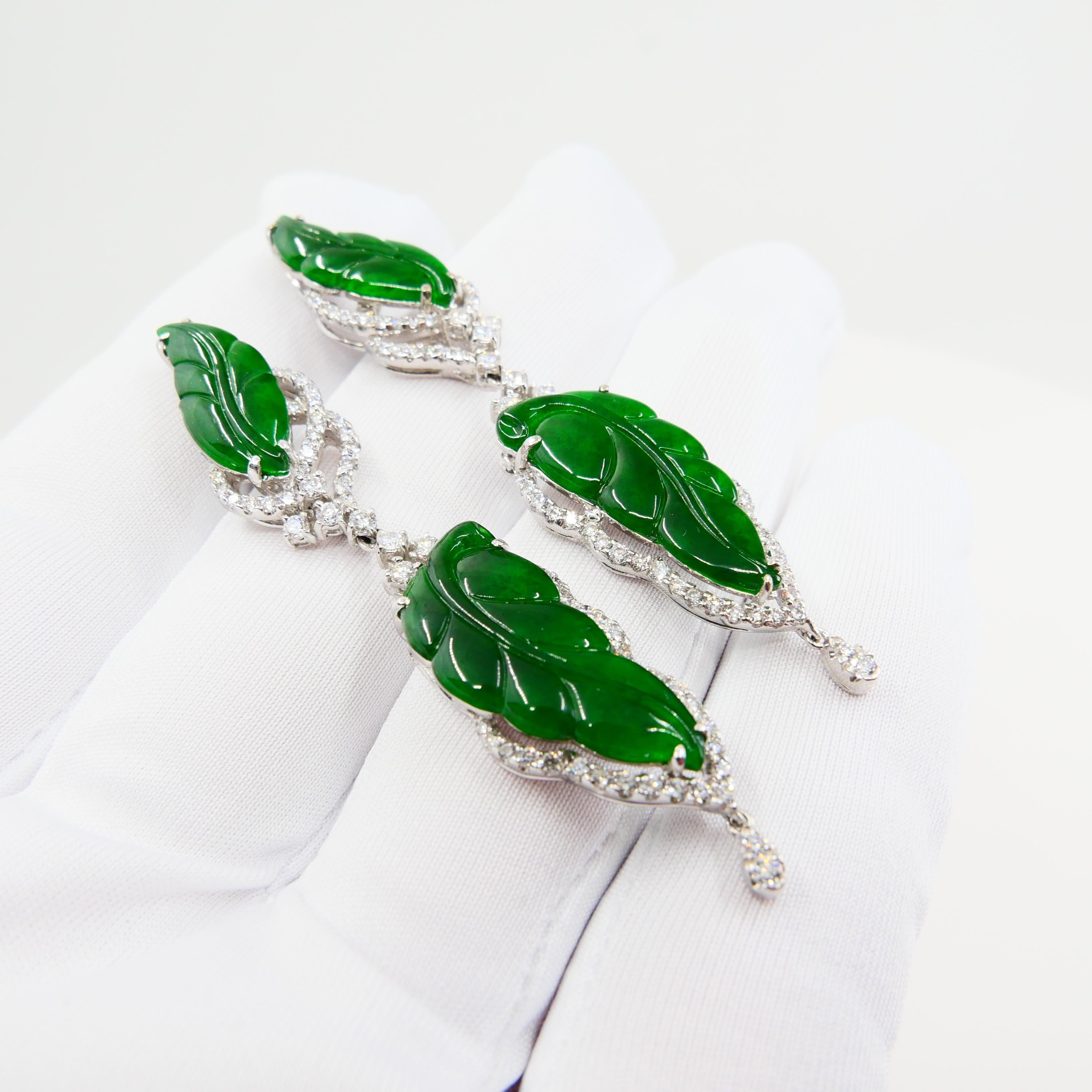 Vintage Certified Jadeite Jade and Diamond Drop Earrings, Intense Imperial Green 7