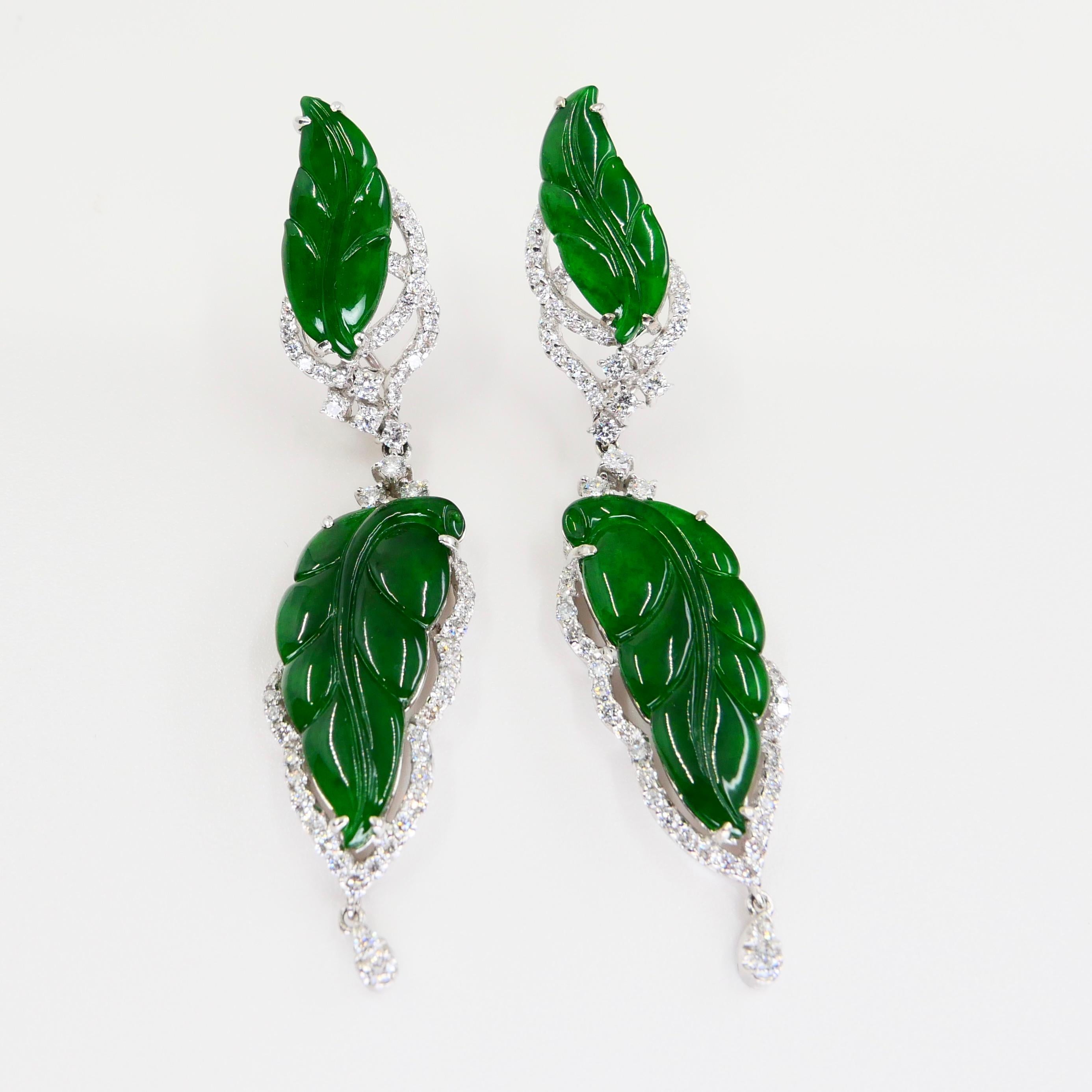 Vintage Certified Jadeite Jade and Diamond Drop Earrings, Intense Imperial Green 8