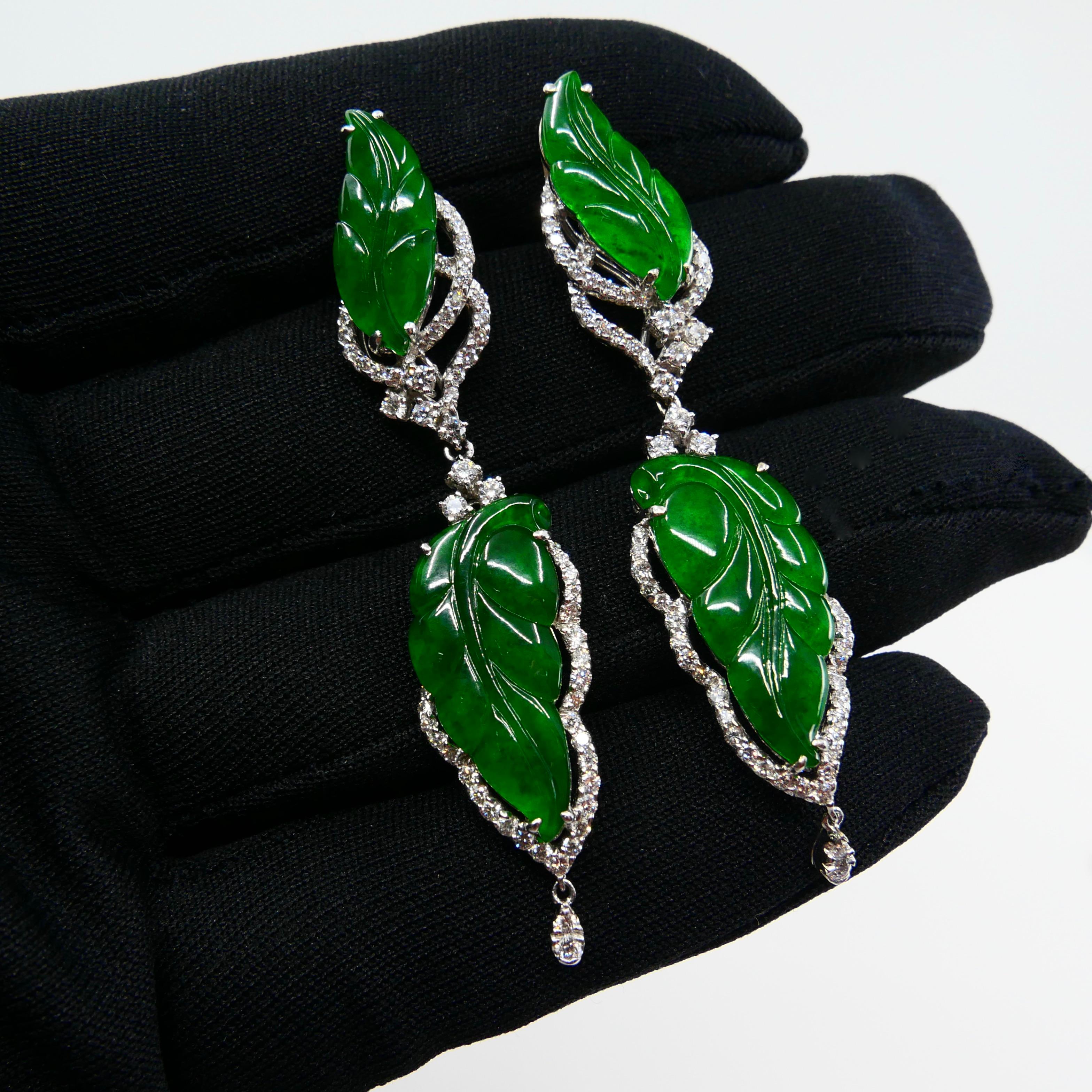 Vintage Certified Jadeite Jade and Diamond Drop Earrings, Intense Imperial Green 9