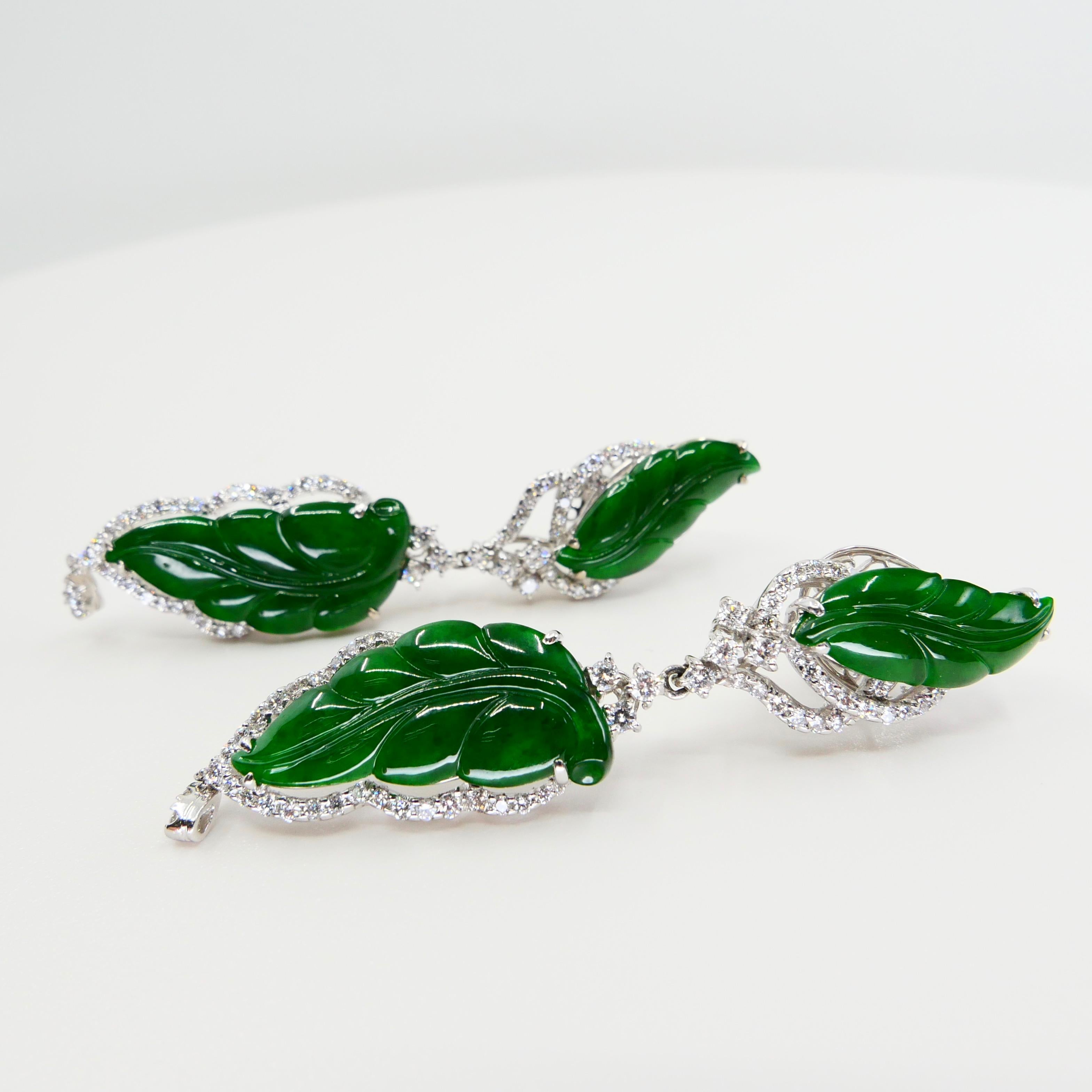 Rough Cut Vintage Certified Jadeite Jade and Diamond Drop Earrings, Intense Imperial Green