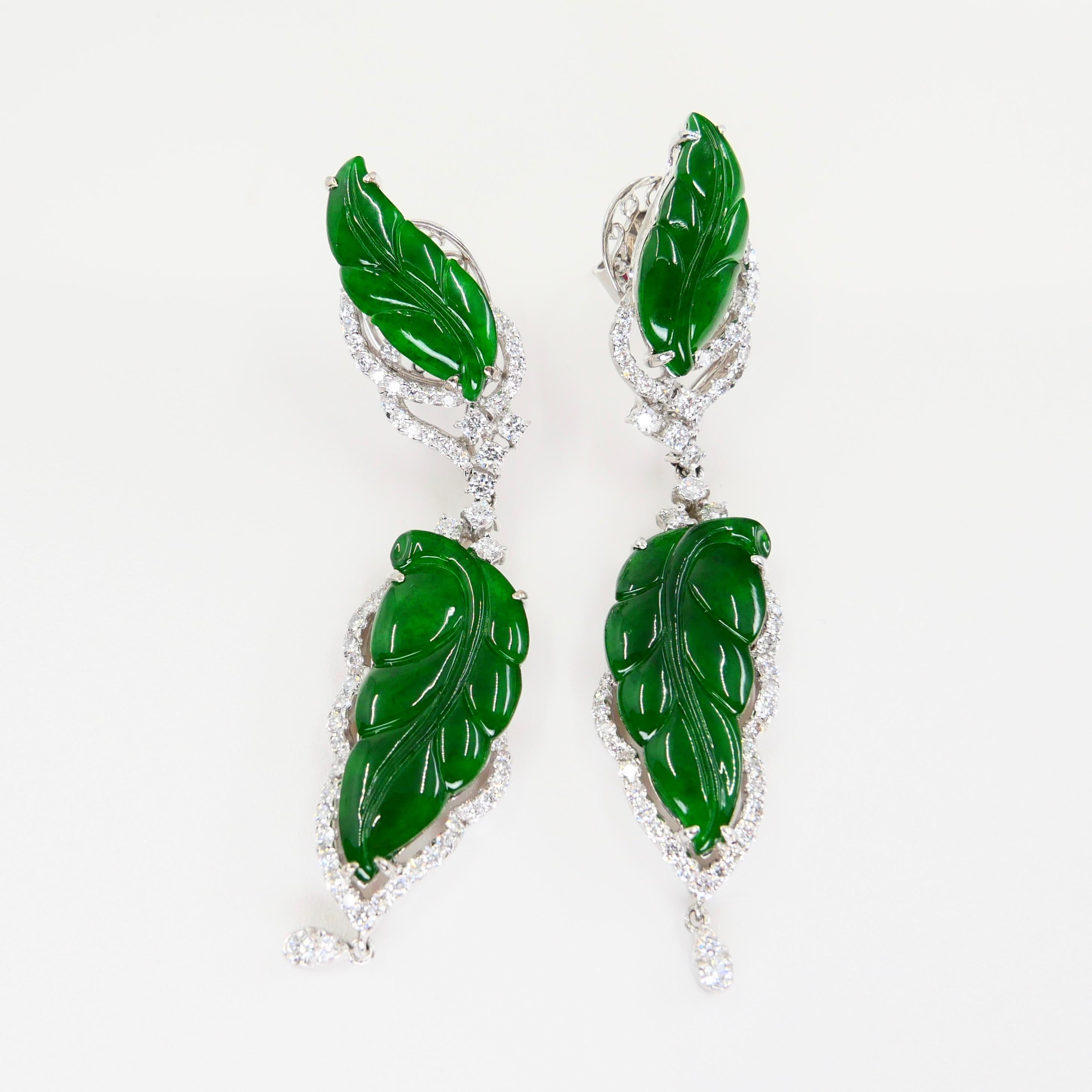 Vintage Certified Jadeite Jade and Diamond Drop Earrings, Intense Imperial Green 1