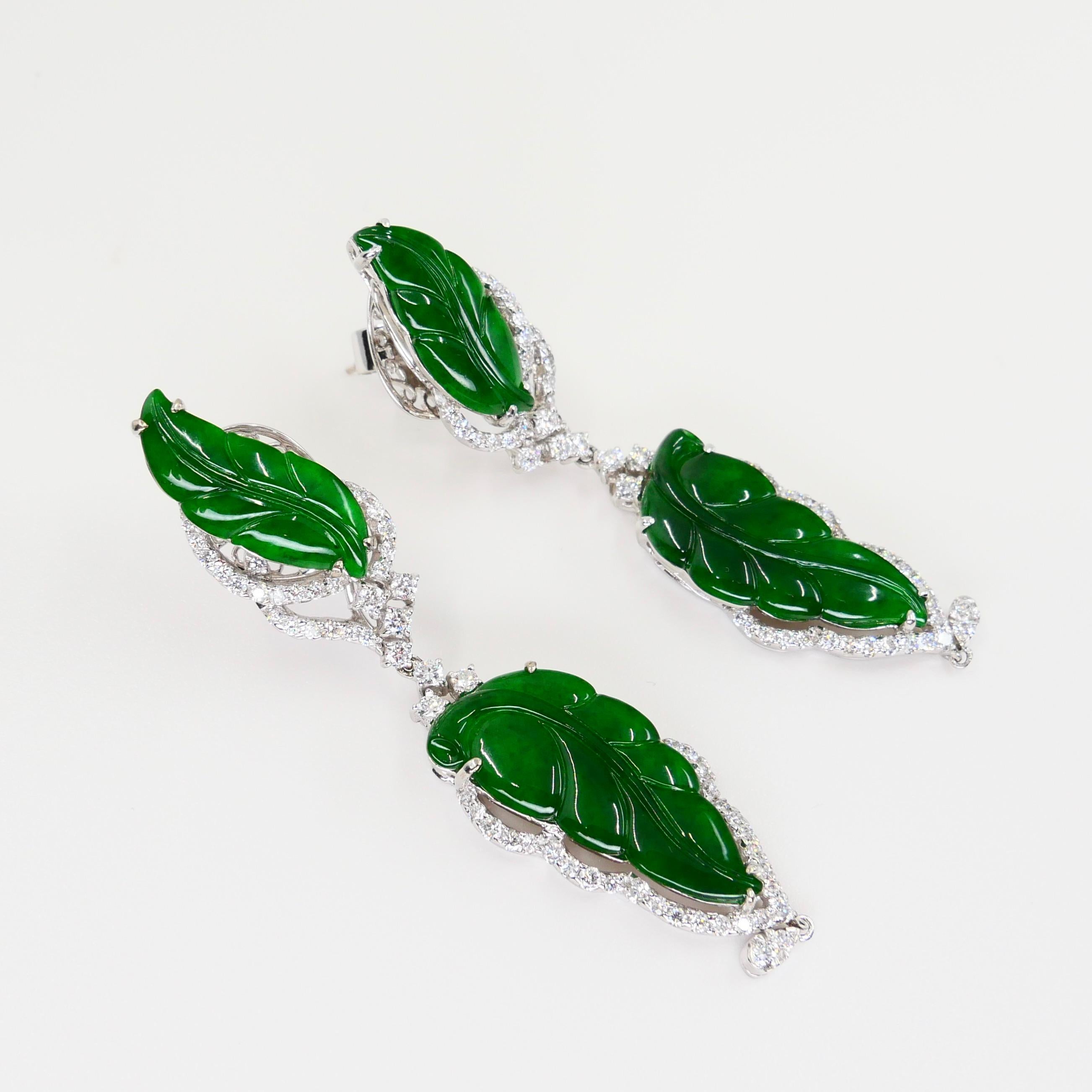 Vintage Certified Jadeite Jade and Diamond Drop Earrings, Intense Imperial Green 2