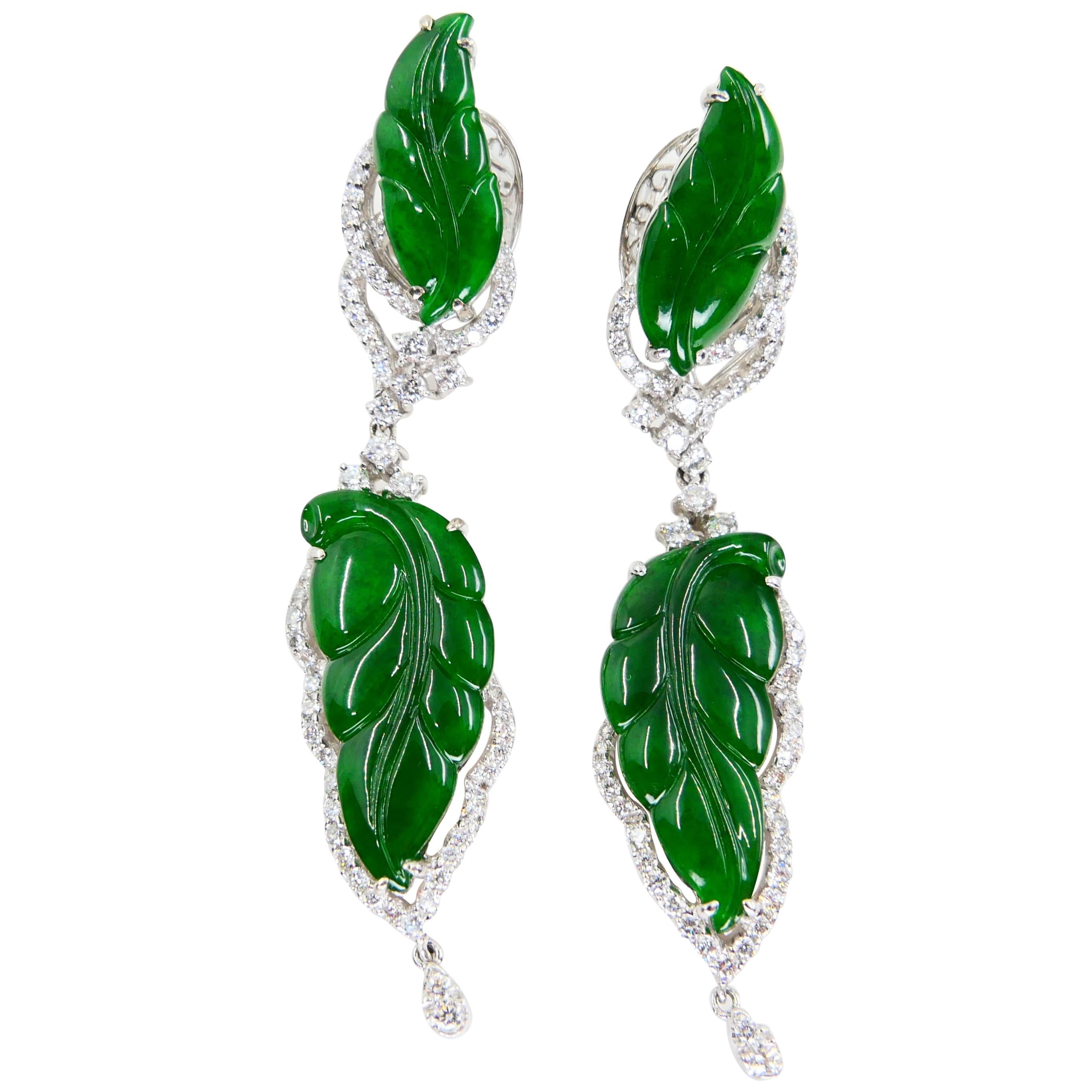 Vintage Certified Jadeite Jade and Diamond Drop Earrings, Intense Imperial Green 4