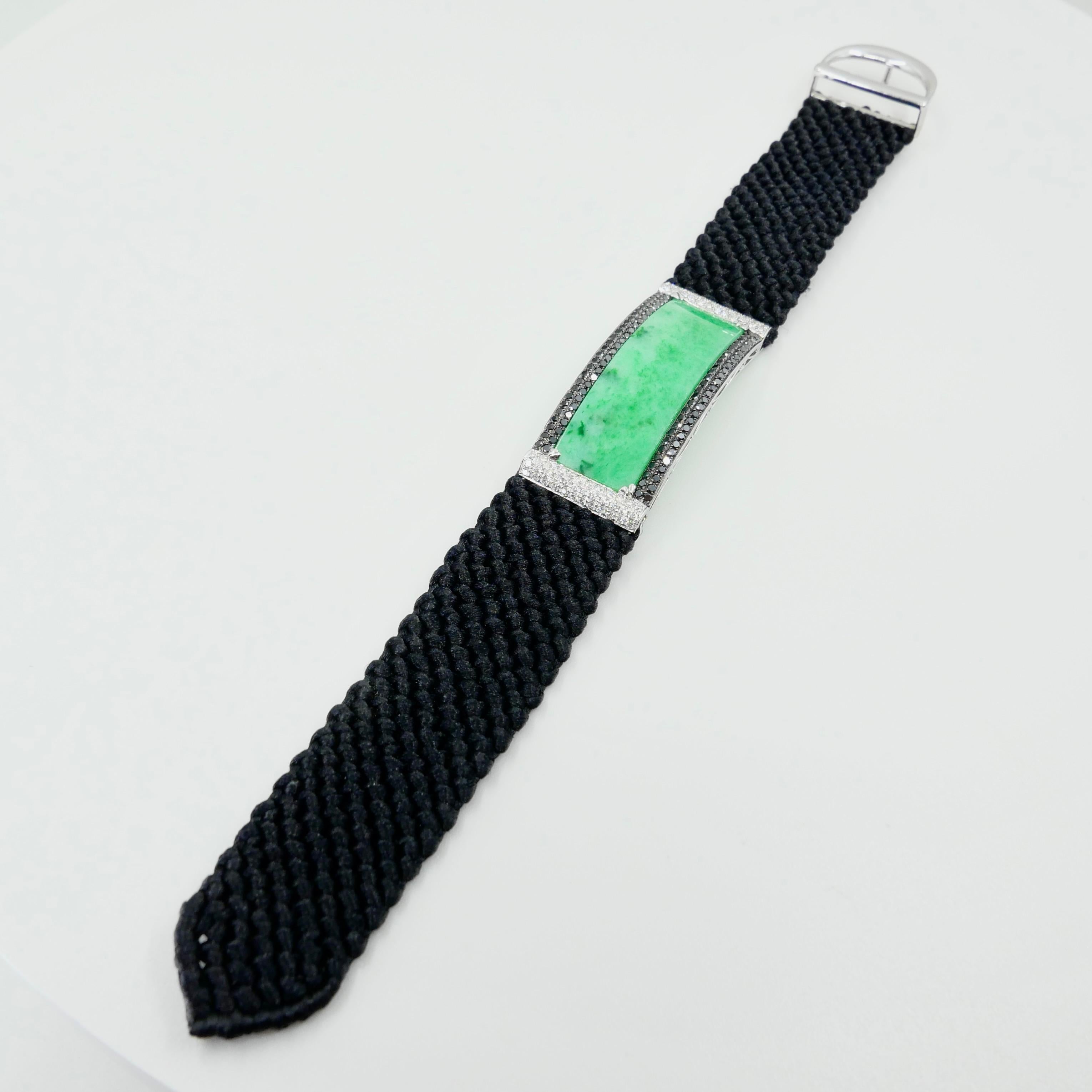 Vintage Certified Natural Apple Green Jade, White & Black Diamond Bracelet. For Sale 6