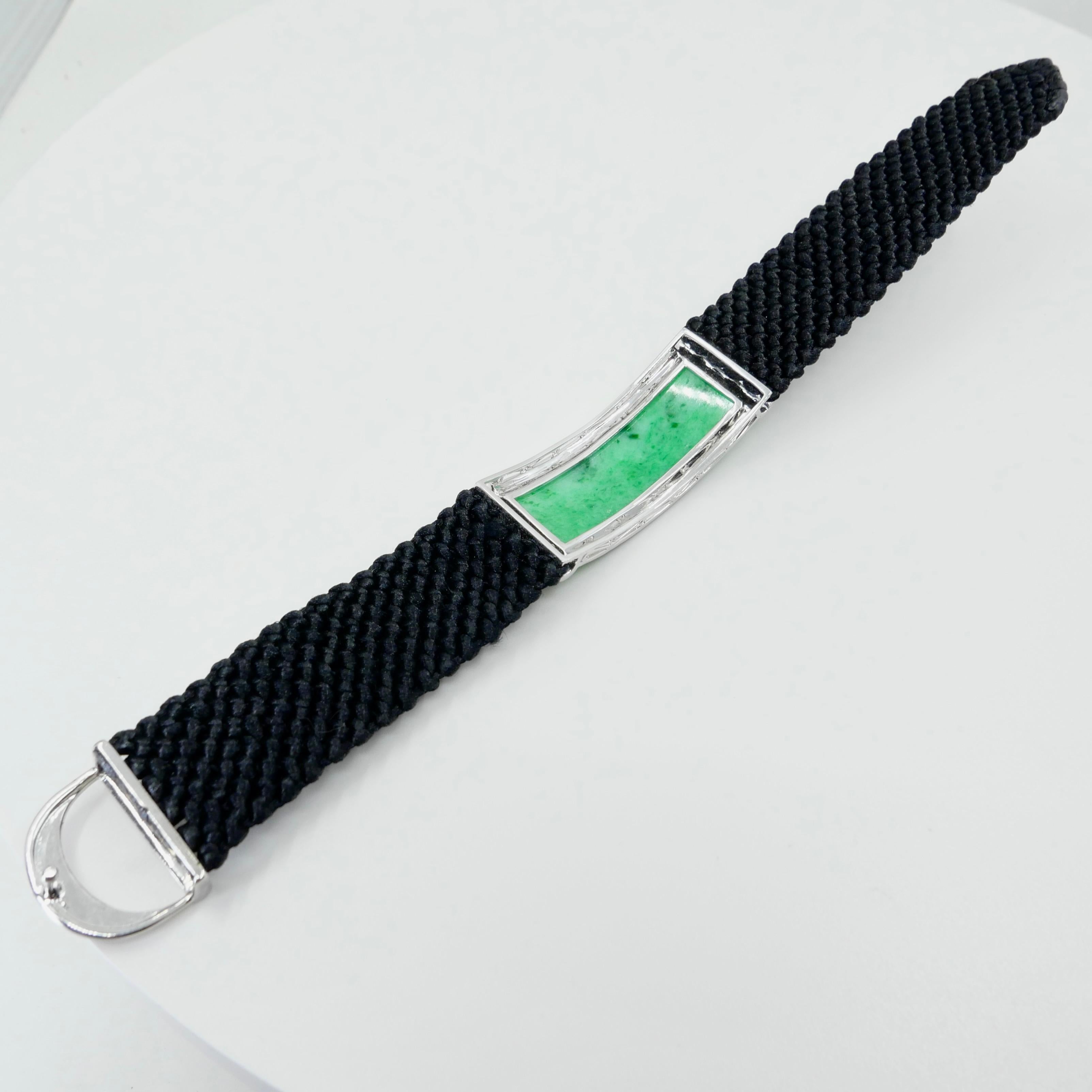 Vintage Certified Natural Apple Green Jade, White & Black Diamond Bracelet. For Sale 8