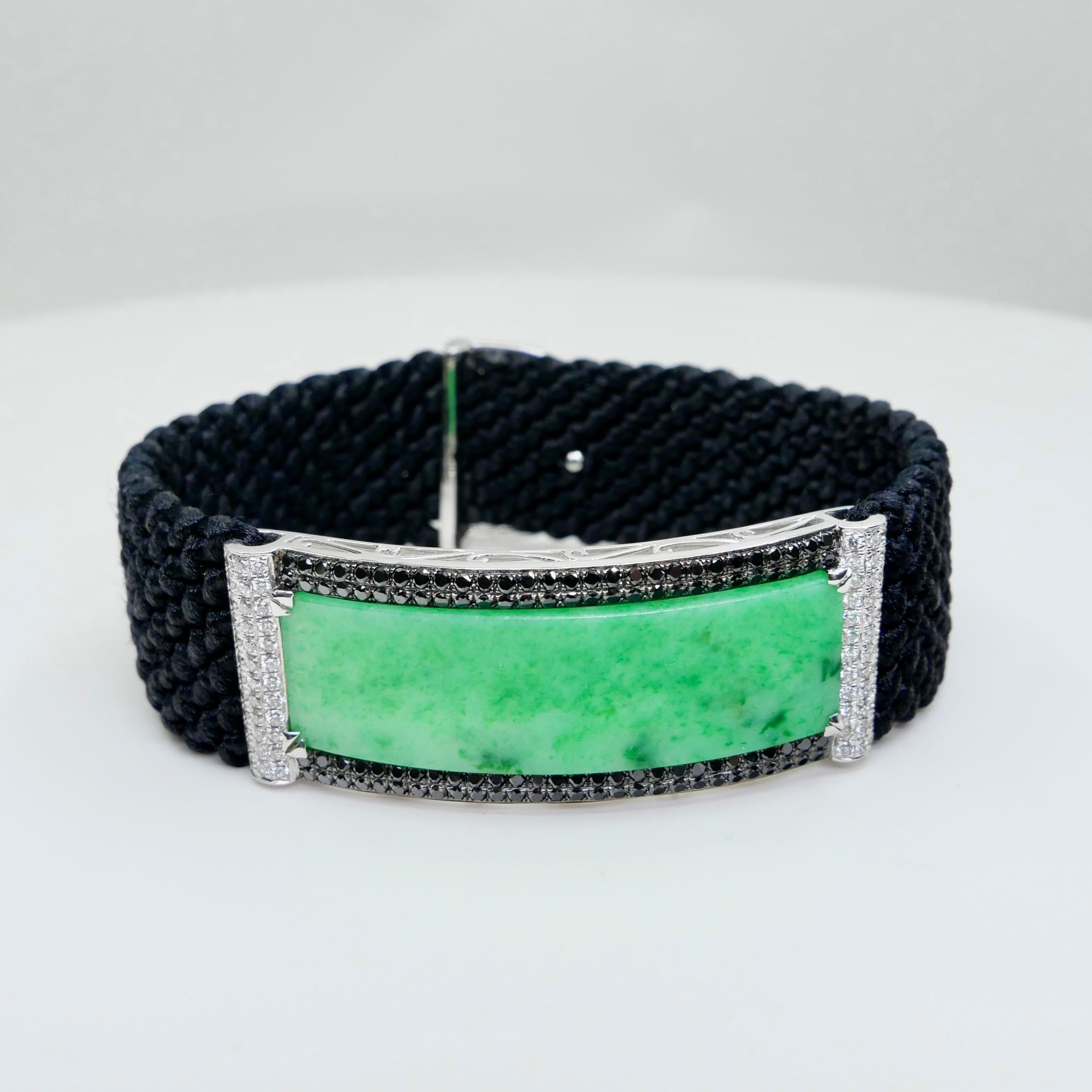 Vintage Certified Natural Apple Green Jade, White & Black Diamond Bracelet. For Sale 9