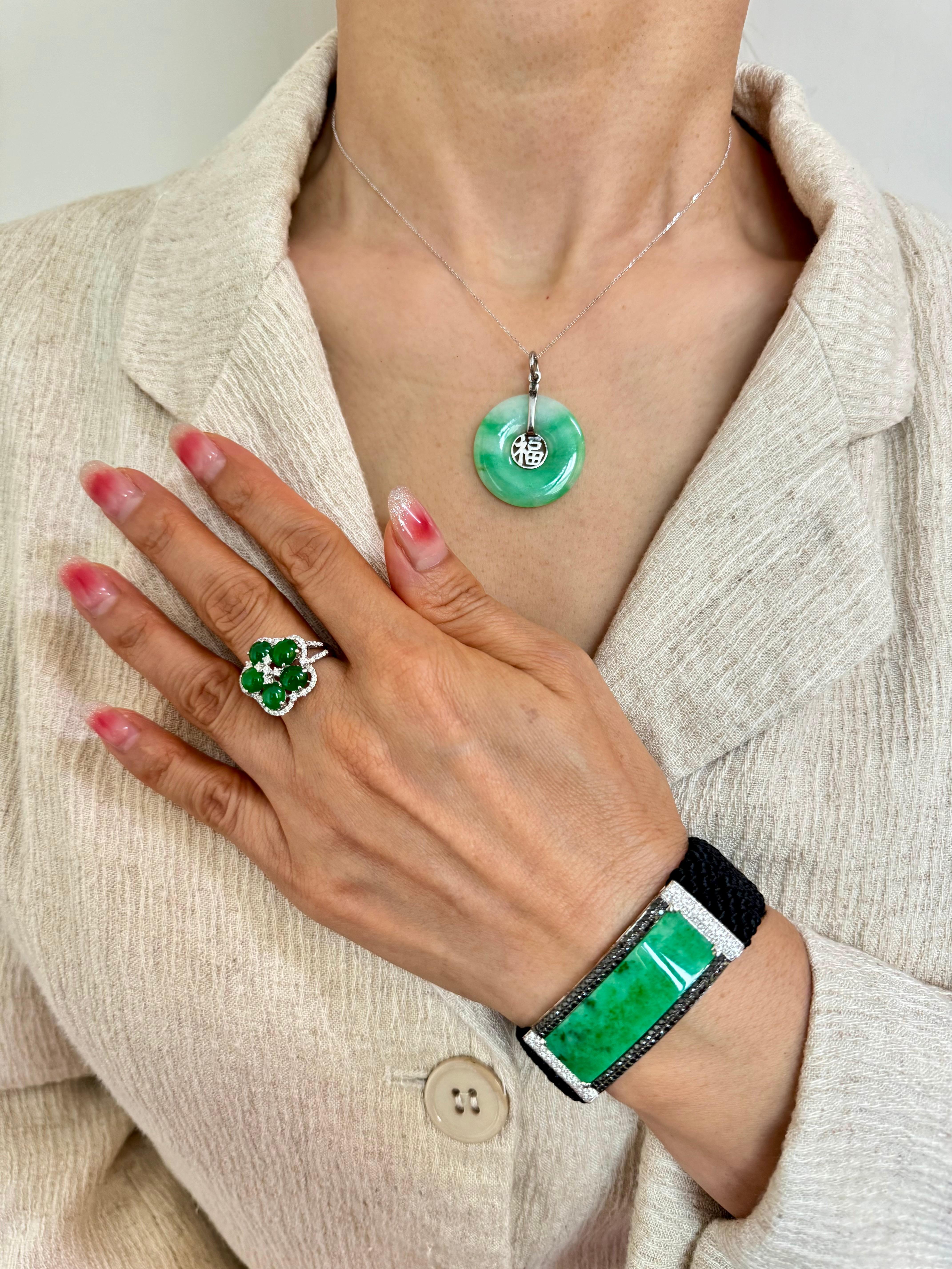 Vintage Certified Natural Apple Green Jade, White & Black Diamond Bracelet. For Sale 11