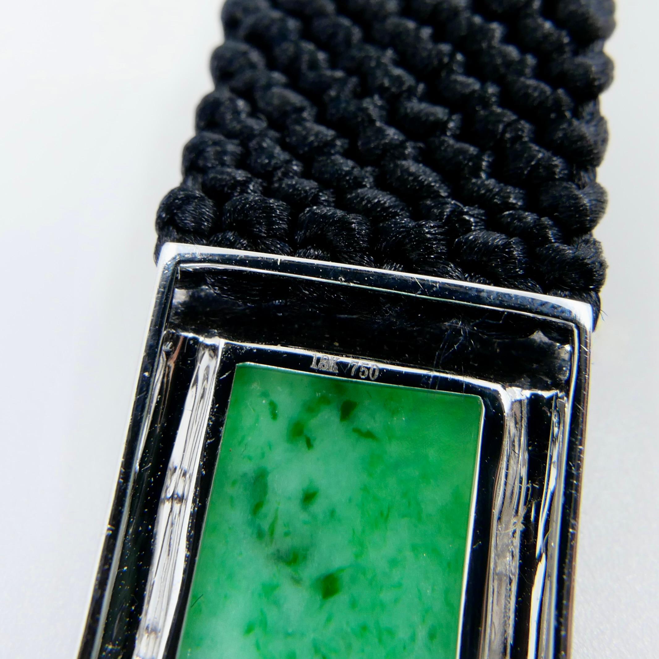 Vintage Certified Natural Apple Green Jade, White & Black Diamond Bracelet. For Sale 12