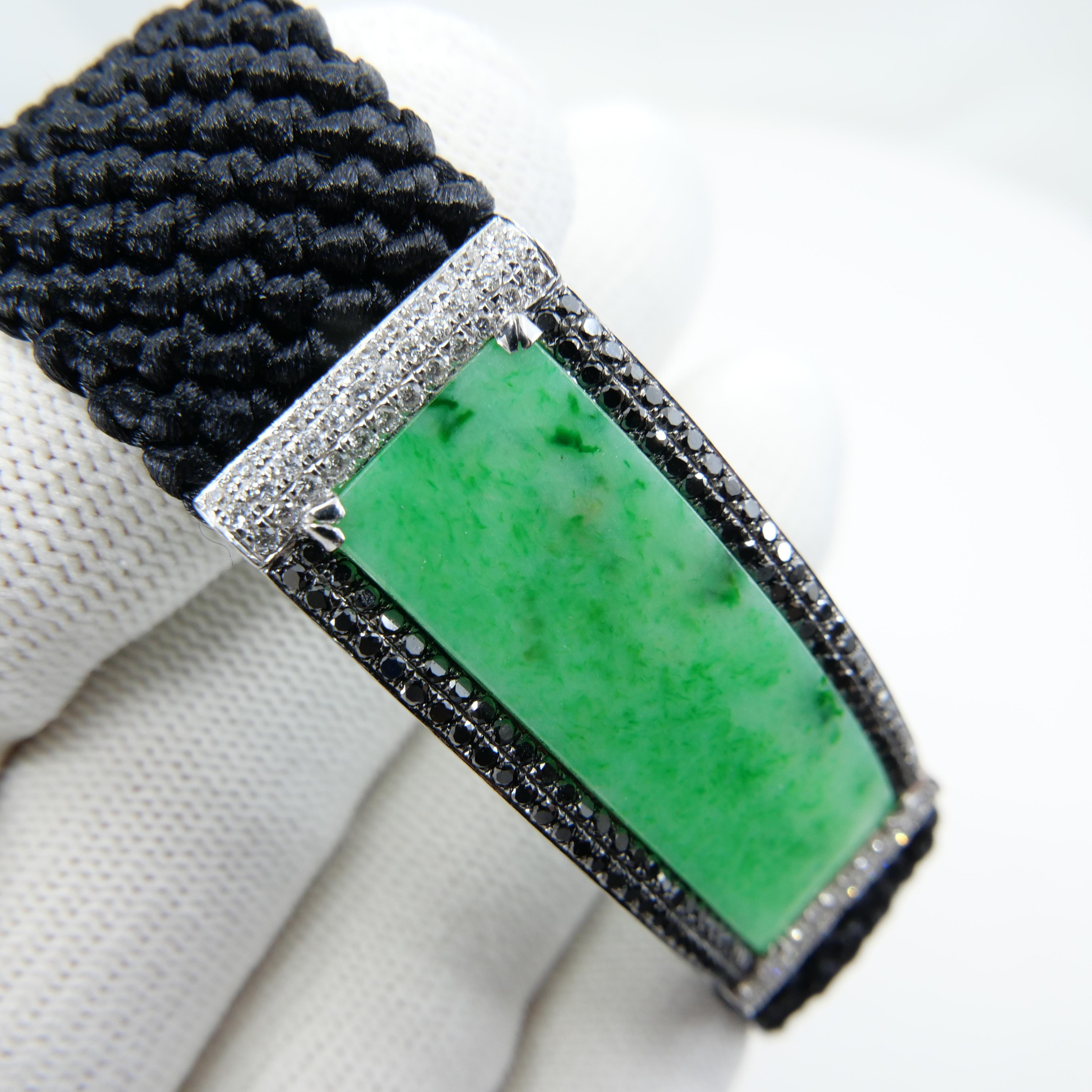 Vintage Certified Natural Apple Green Jade, White & Black Diamond Bracelet. For Sale 13