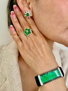 Pulsera Vintage Certificada de Jade Verde Manzana Natural, Diamante Blanco y Negro.