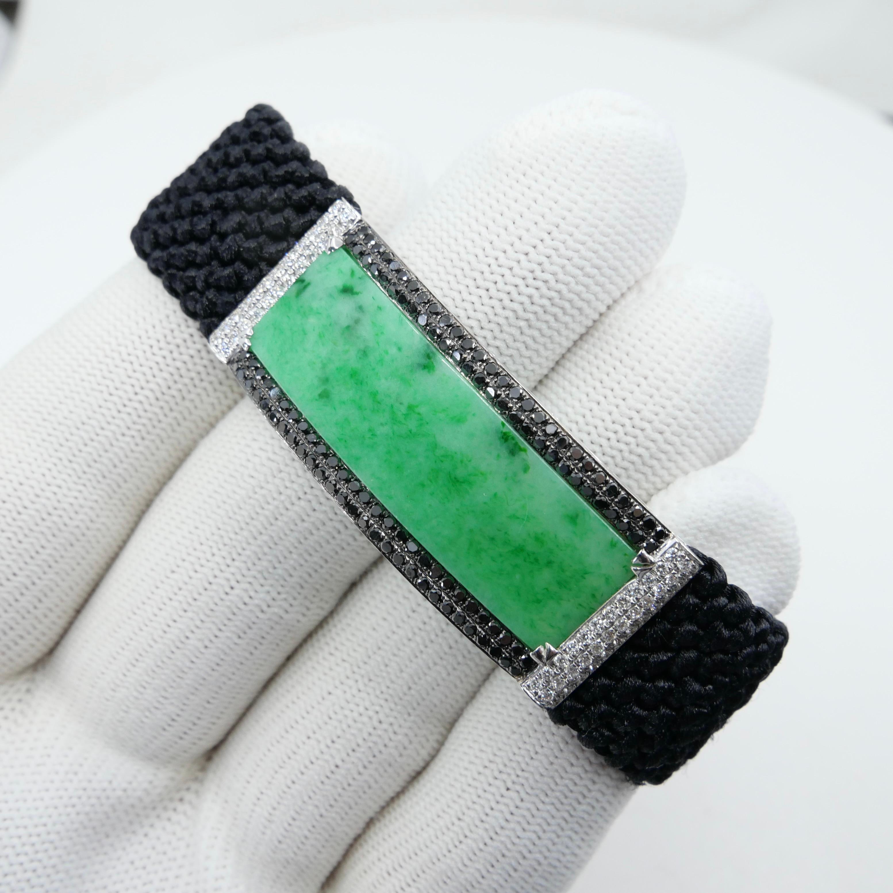Rough Cut Vintage Certified Natural Apple Green Jade, White & Black Diamond Bracelet. For Sale