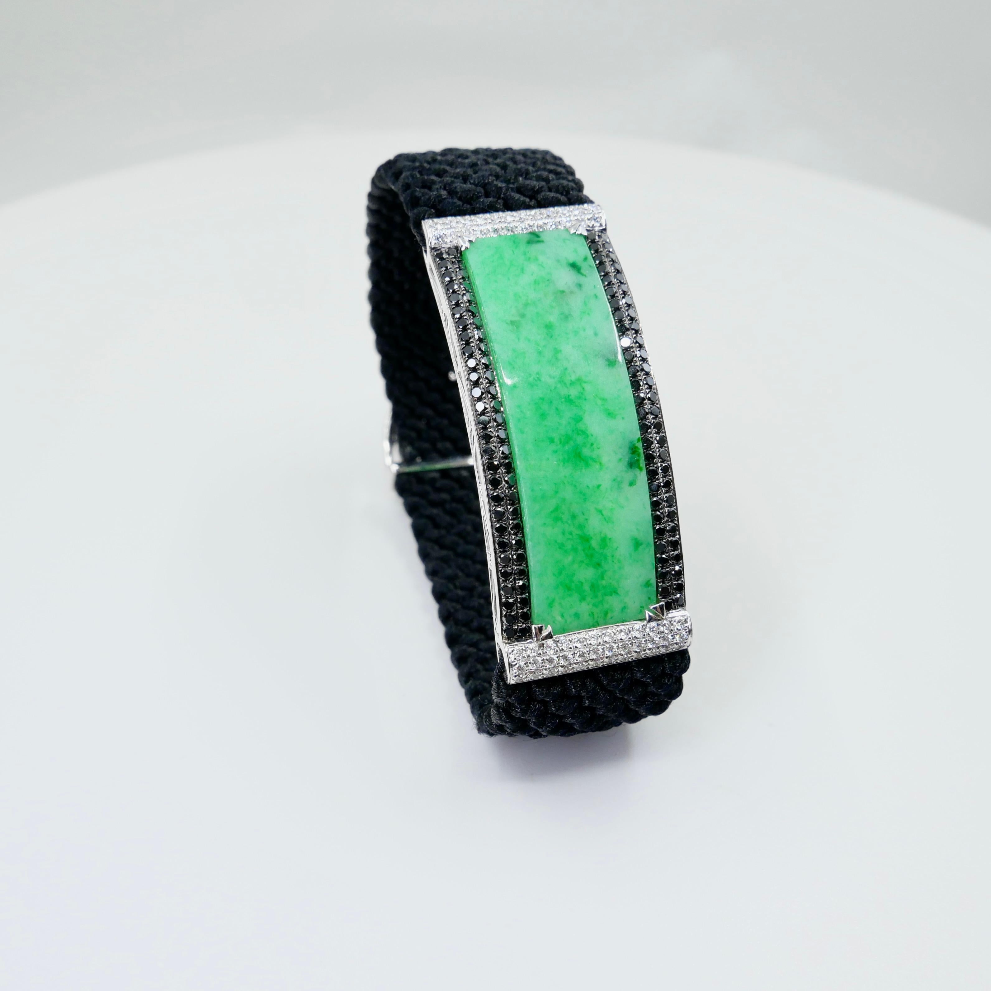 Women's Vintage Certified Natural Apple Green Jade, White & Black Diamond Bracelet. For Sale