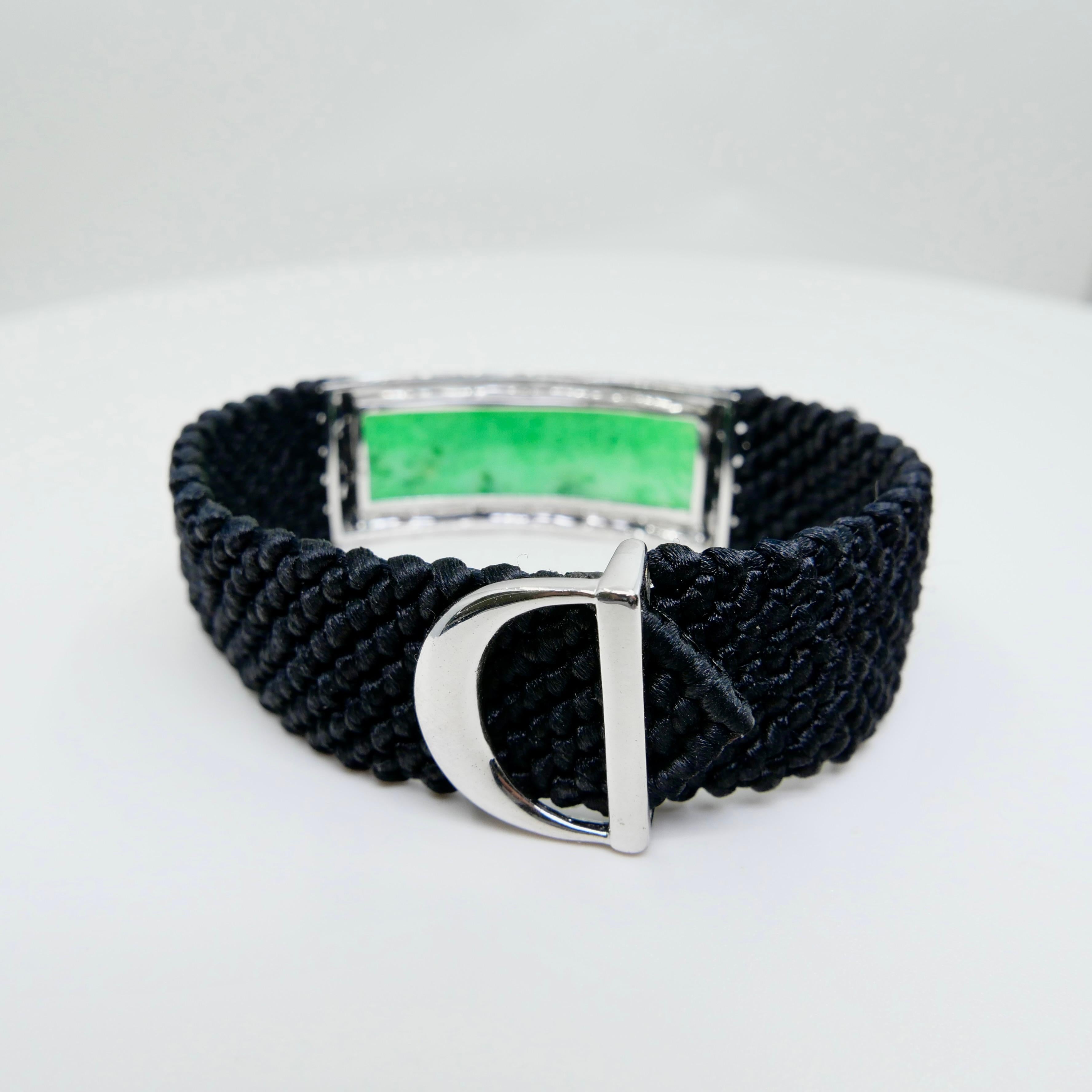 Vintage Certified Natural Apple Green Jade, White & Black Diamond Bracelet. For Sale 1