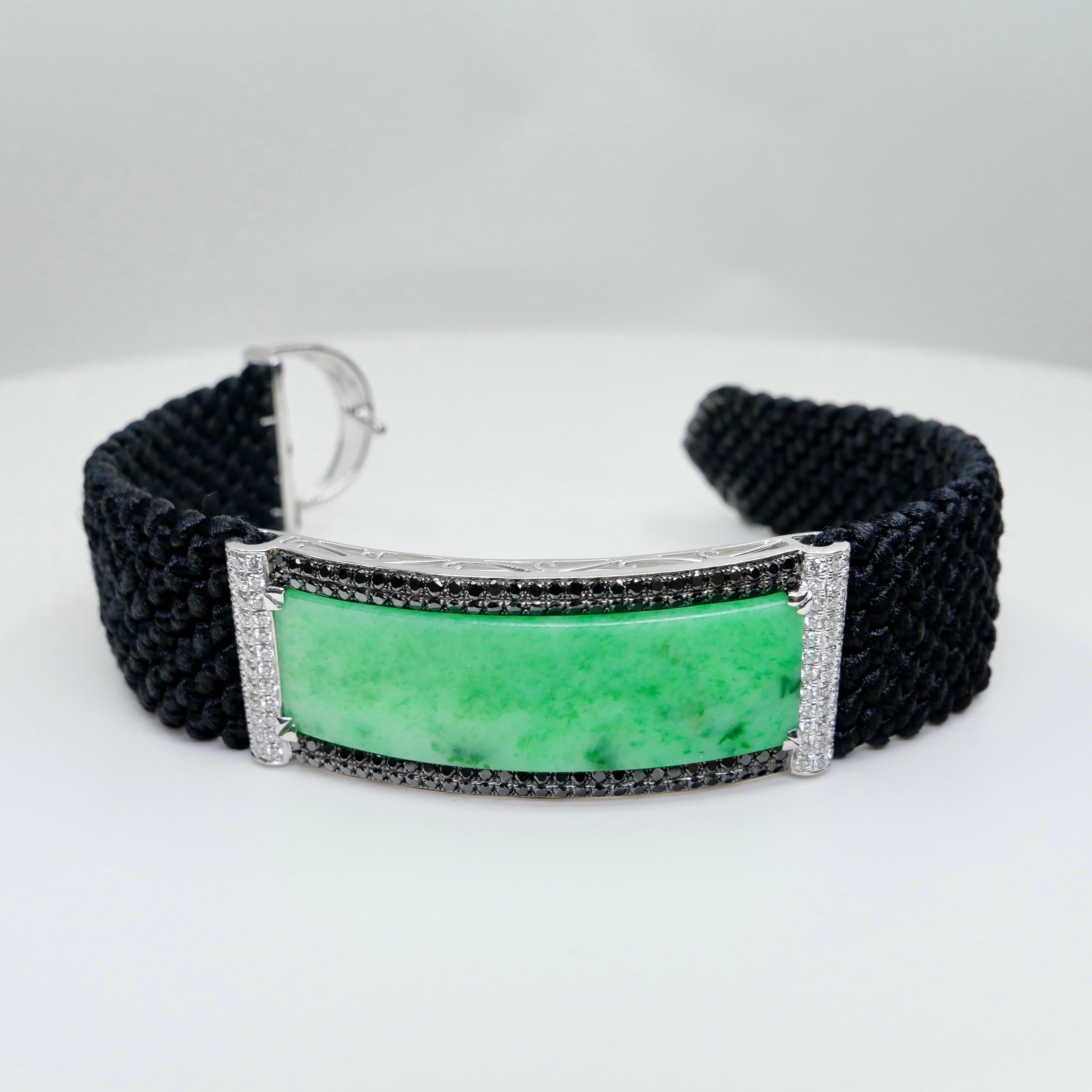 Vintage Certified Natural Apple Green Jade, White & Black Diamond Bracelet. For Sale 2