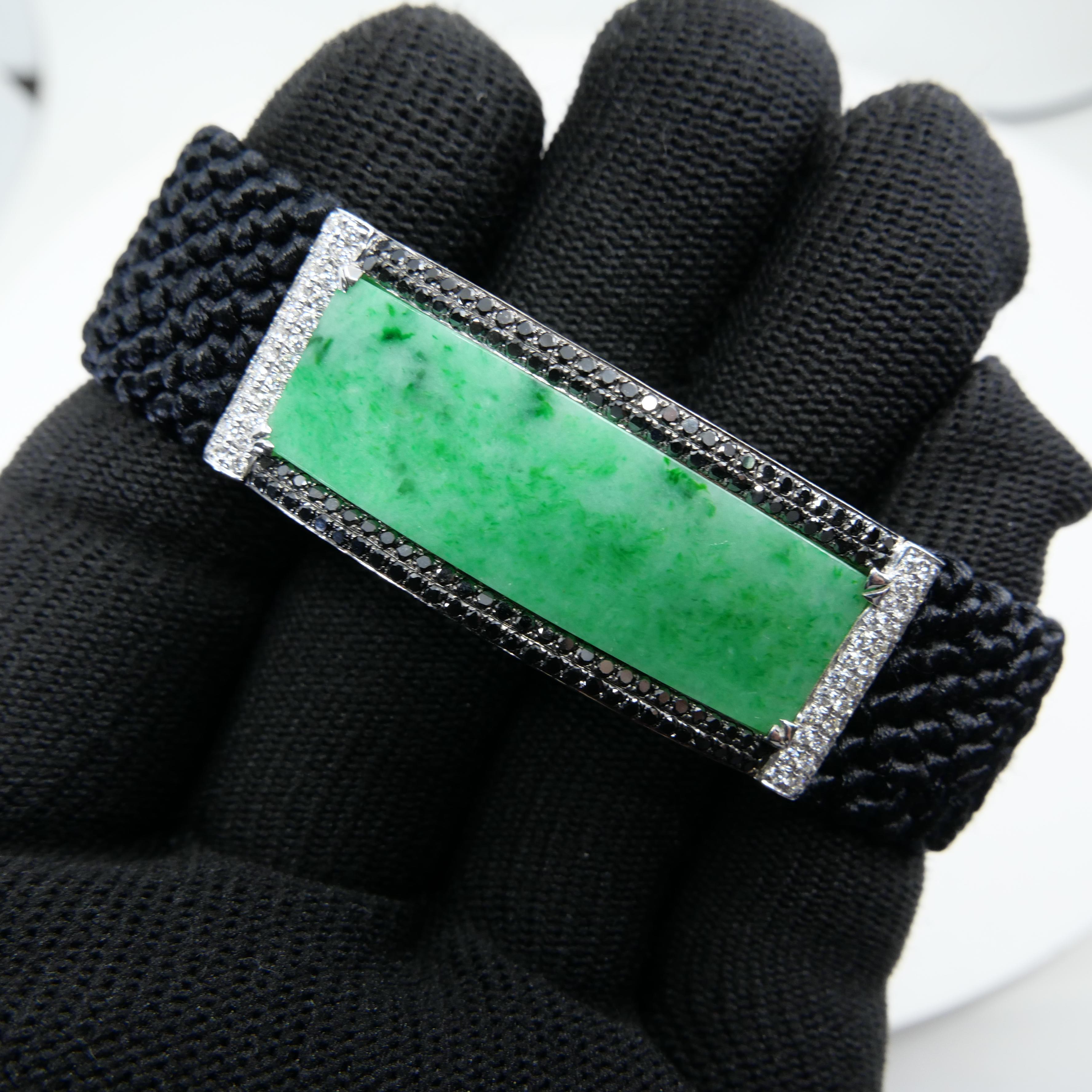 Vintage Certified Natural Apple Green Jade, White & Black Diamond Bracelet. For Sale 5