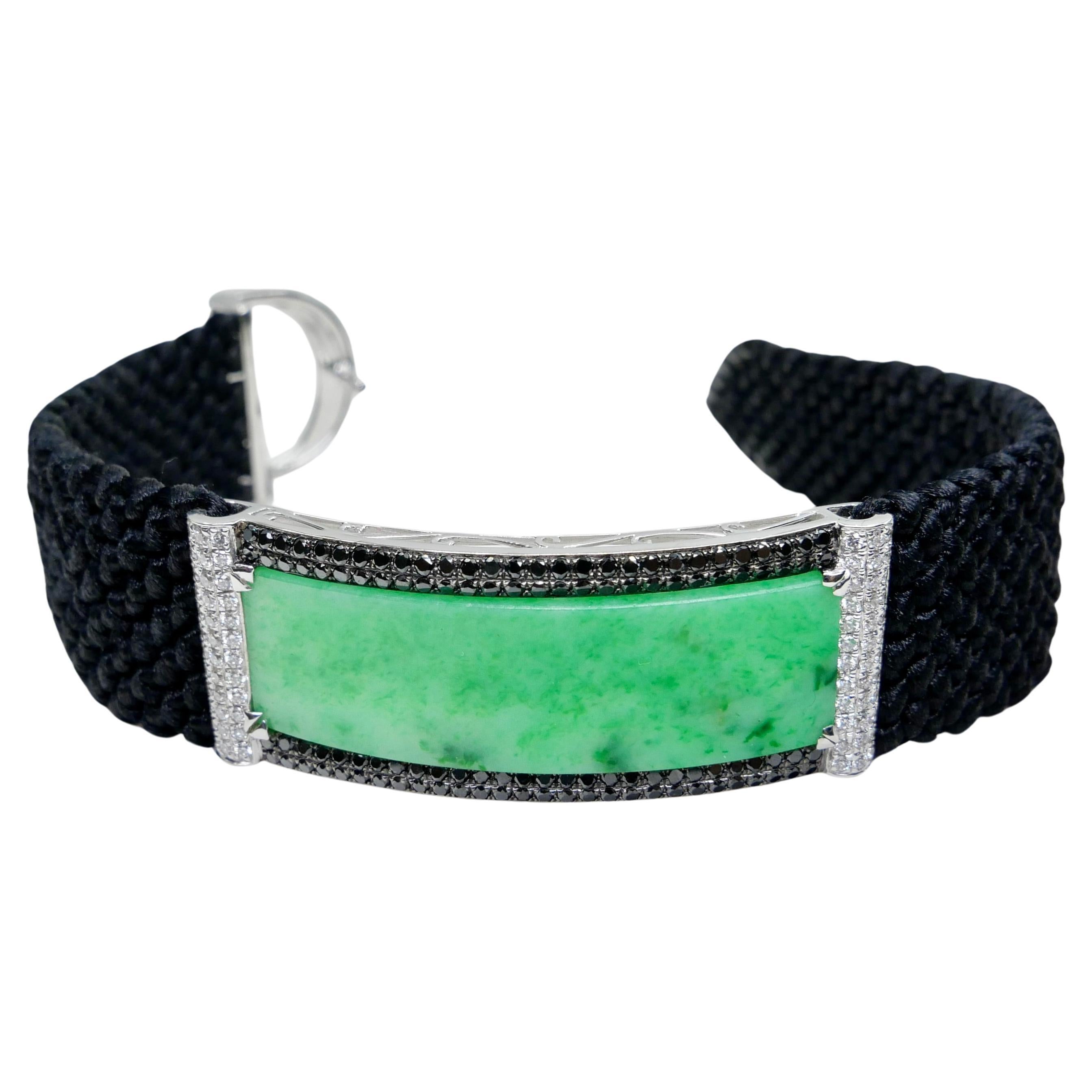 Vintage Certified Natural Apple Green Jade, White & Black Diamond Bracelet. For Sale