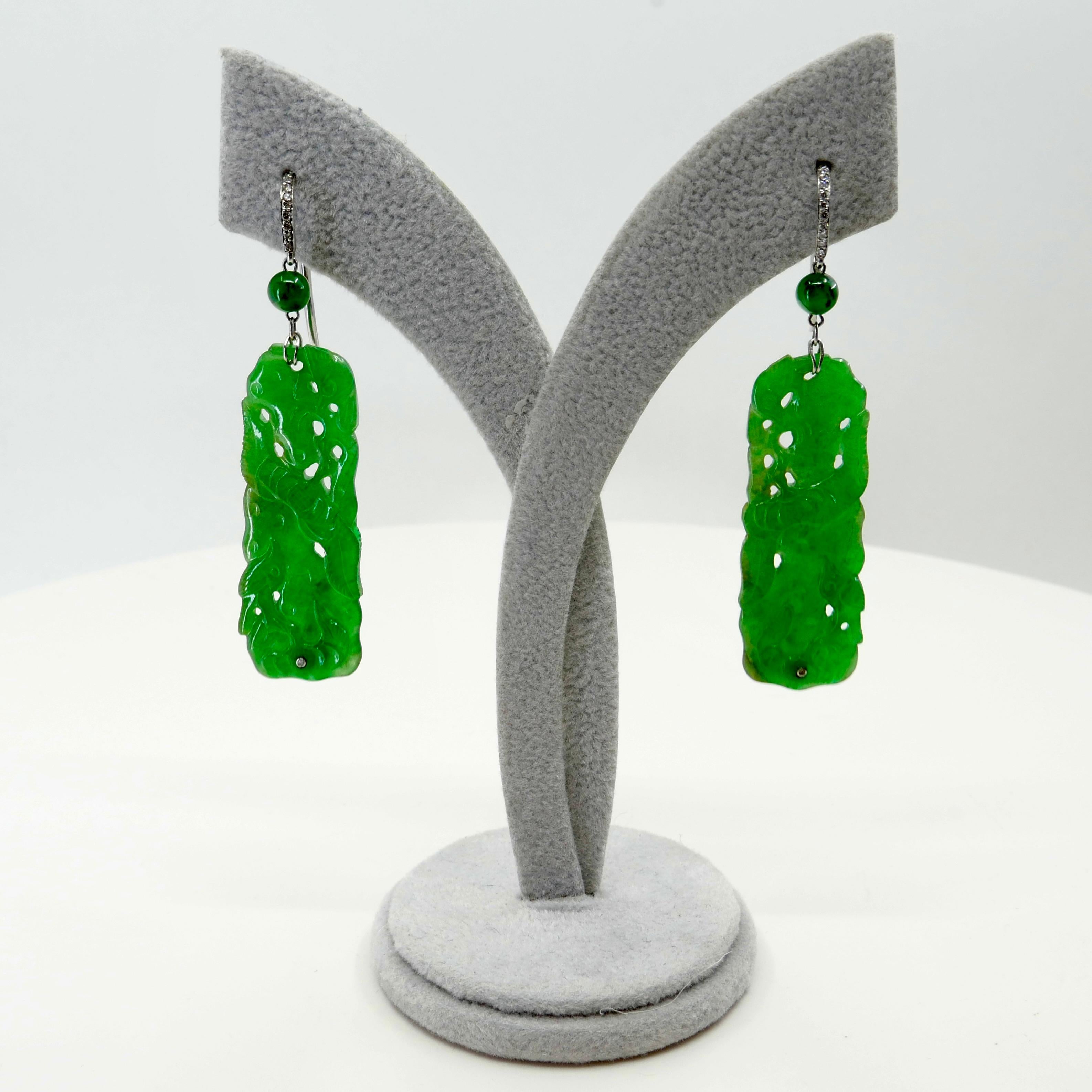 Vintage, Certified Natural Carved Jade & Diamond Earrings Intense Apple Green 2