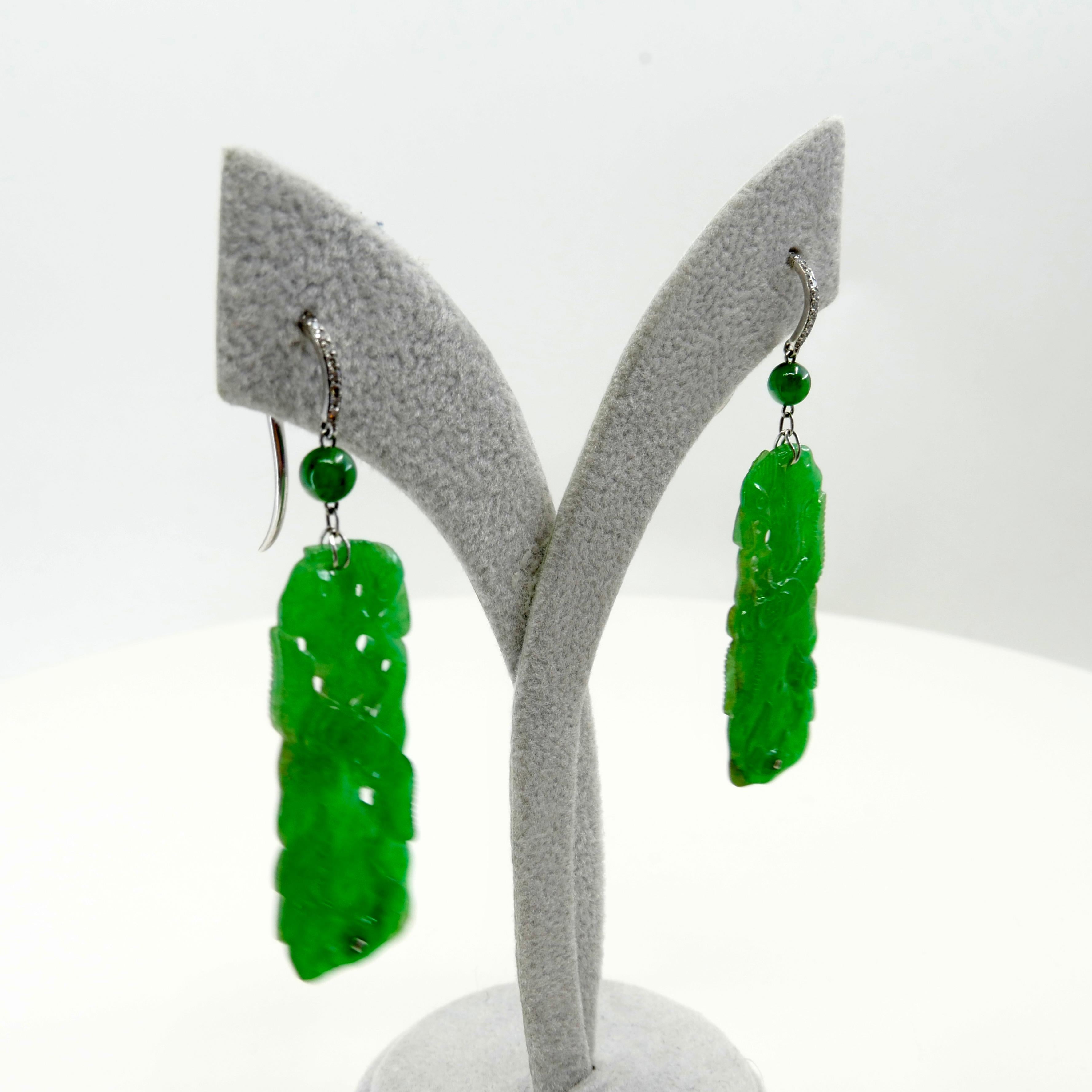 Vintage, Certified Natural Carved Jade & Diamond Earrings Intense Apple Green 4