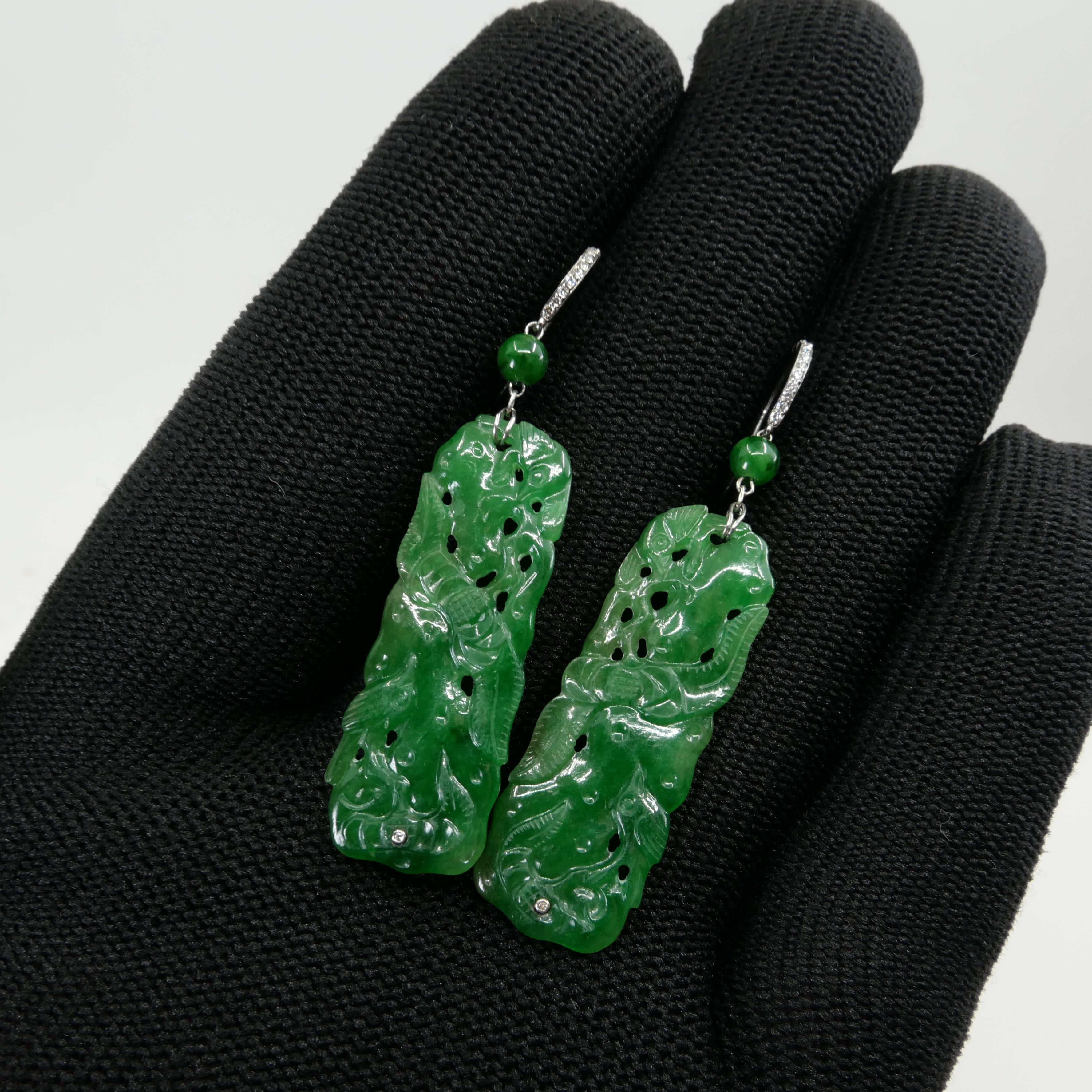Vintage, Certified Natural Carved Jade & Diamond Earrings Intense Apple Green 5